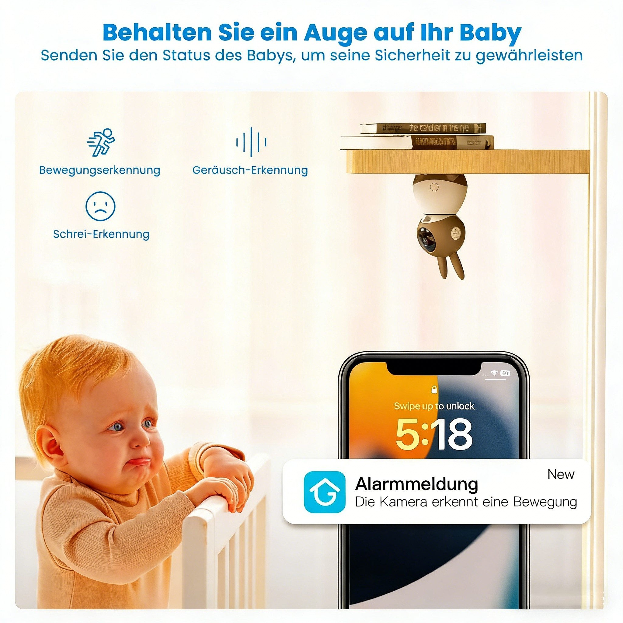 Boifun Video-Babyphone Babyphone mit 2 Kameras WLAN 5 Zoll Video Babyphone 2K/3MP PTZ 355°, Nachtlicht, 300m Reichweite, Zwei-Wege-Audio, 4X Zoom, 1-tlg., Weinen/Bewegungs/Geräuscherkennung, Automatische Verfolgung,unterstützt Mobile App Steuerung