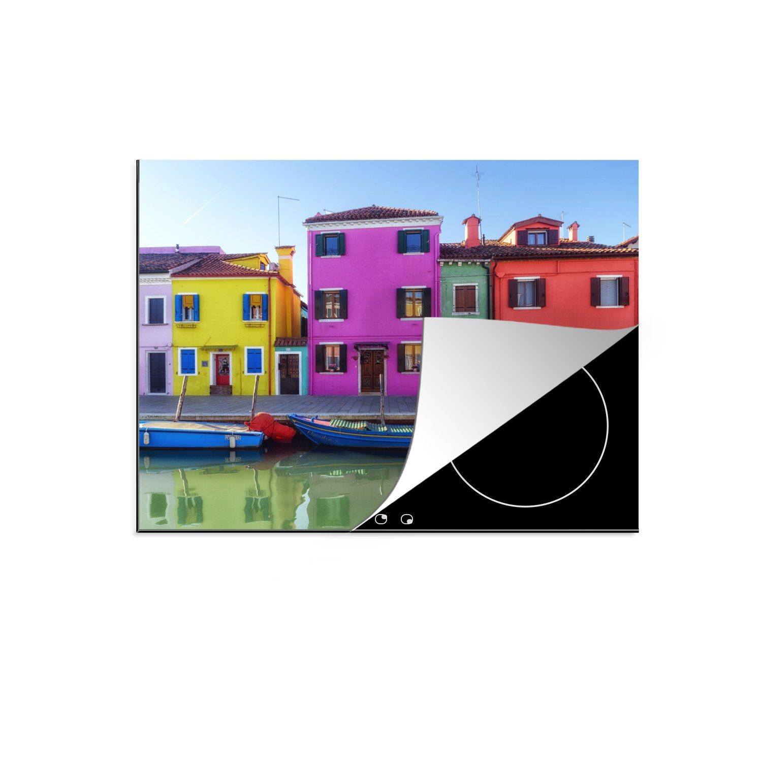 Venedig, Mobile Herdblende-/Abdeckplatte der MuchoWow tlg), in Arbeitsfläche Ceranfeldabdeckung Häuser (1 Vinyl, 60x52 cm, in bunten nutzbar, Burano Spiegelung
