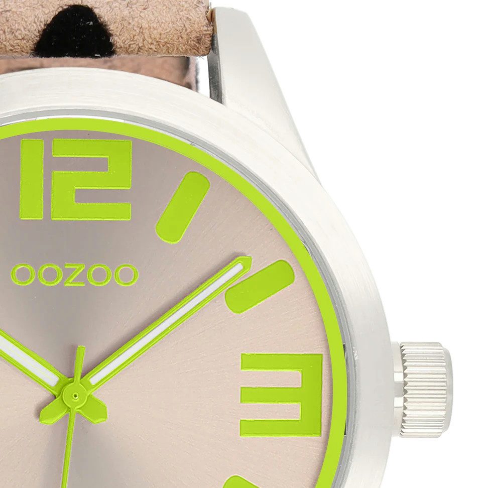 OOZOO Quarzuhr XXL Damenuhr C0902 – Taupe & Lemon – Animalprint-Lederband – 46 mm