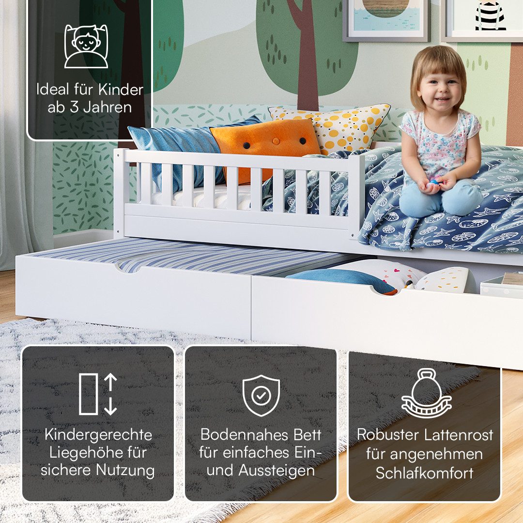 Bellabino Kinderbett Vils mit Lattenrost und Rausfallschutz 90x200 cm (weiß, mit großer Schublade, optional mit Matratze), aus Kiefer Massivholz