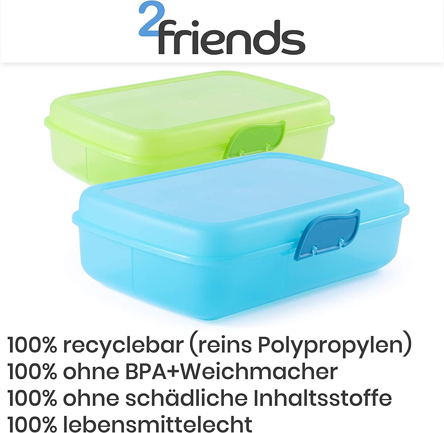 mit 2friends Lunchbox Lunchbox, 100% Fächern Brotdose 2er ohne grün Kunststoff, recyclebar Clickverschluss, und Schraubdeckeldosen), Set. Frühstücksbox, 2 blau, und (Set, 2-tlg., BPA,