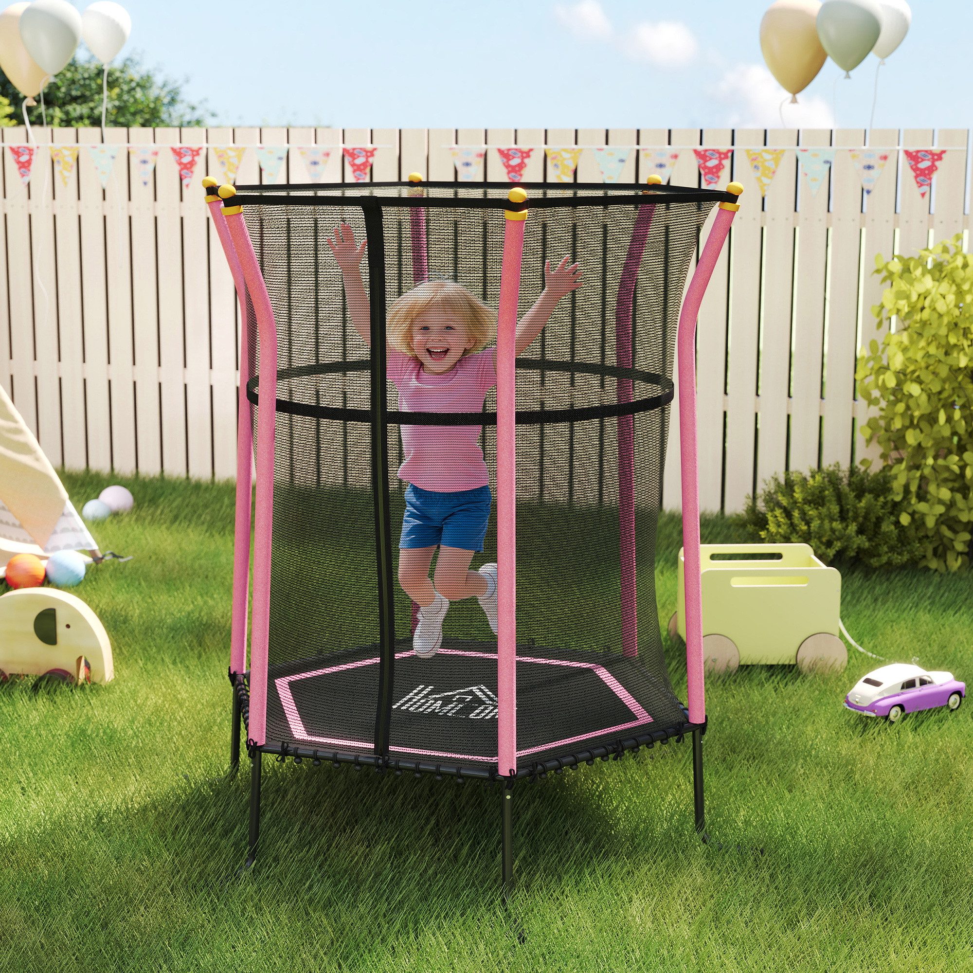 HOMCOM Kindertrampolin Trampolin, Federfreie Gartentrampolin mit Sicherheitsnetz, Ø 111 cm, (Indoor Trampolin, 1 tlg., Trampolin), für Kinder 3-10 Jahre, bis 50 kg belastbar, Rosa