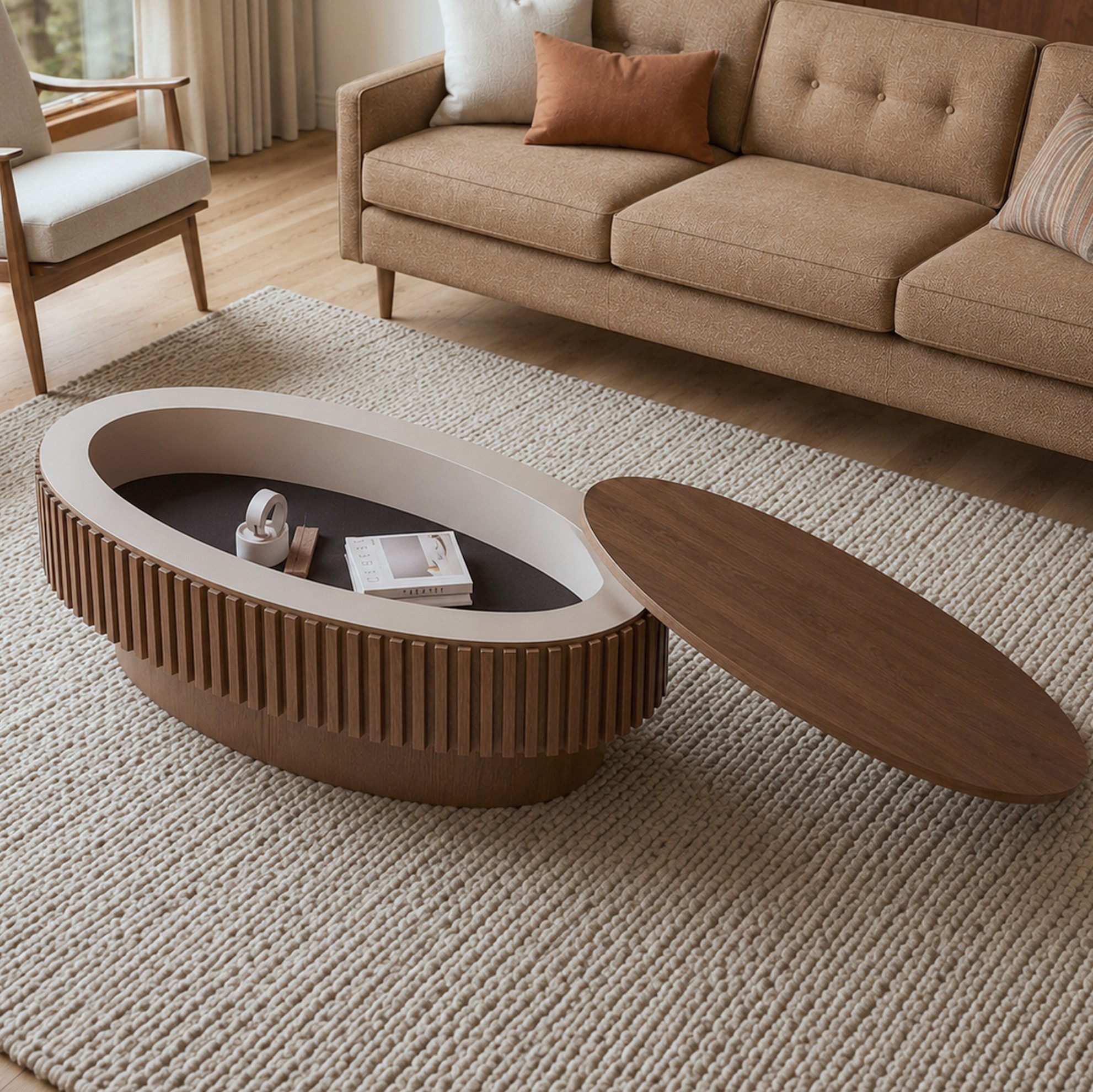 MODFU Couchtisch Wohnzimmertisch 98 cm Oval Walnuss mit Stauraum Design (Packung, 1-St., Beistelltisch modernes Design für Apartment Wohnung und Büro), Kaffeetisch mit Holzfurnier Rillenfront und leichter Montage
