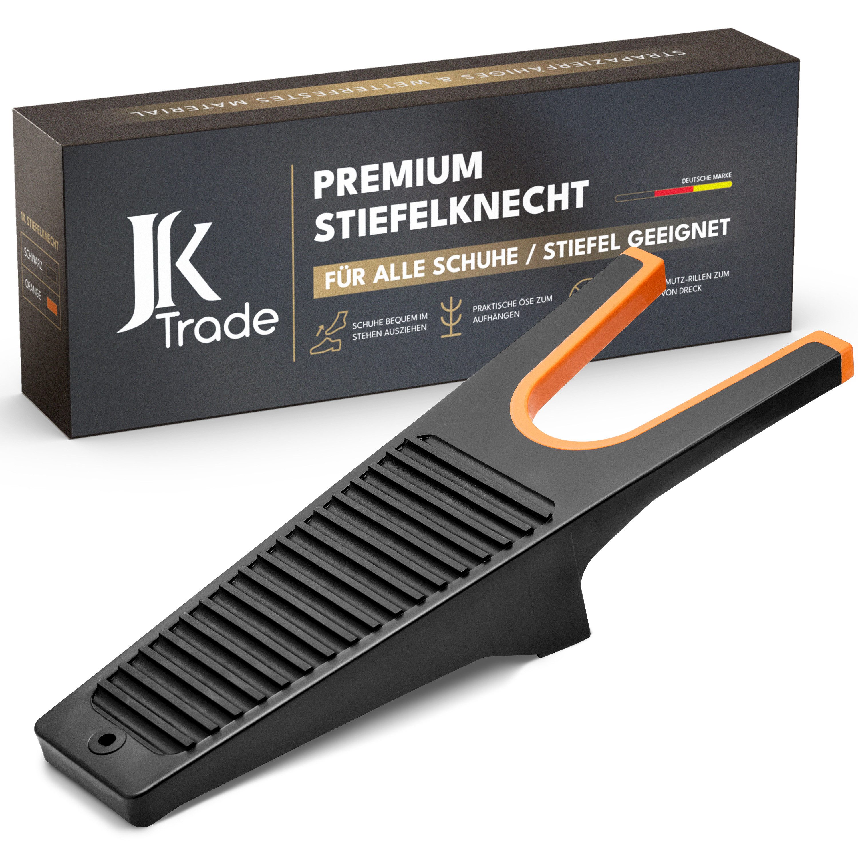 JK Trade Stiefelknecht für jedes Schuhwerk, stabiler Schuhabstreifer (1-tlg., mit Fersenschutz & Gummierung), Schuh- & Stiefelauszieher wetterfest, mit Schmutzrillen