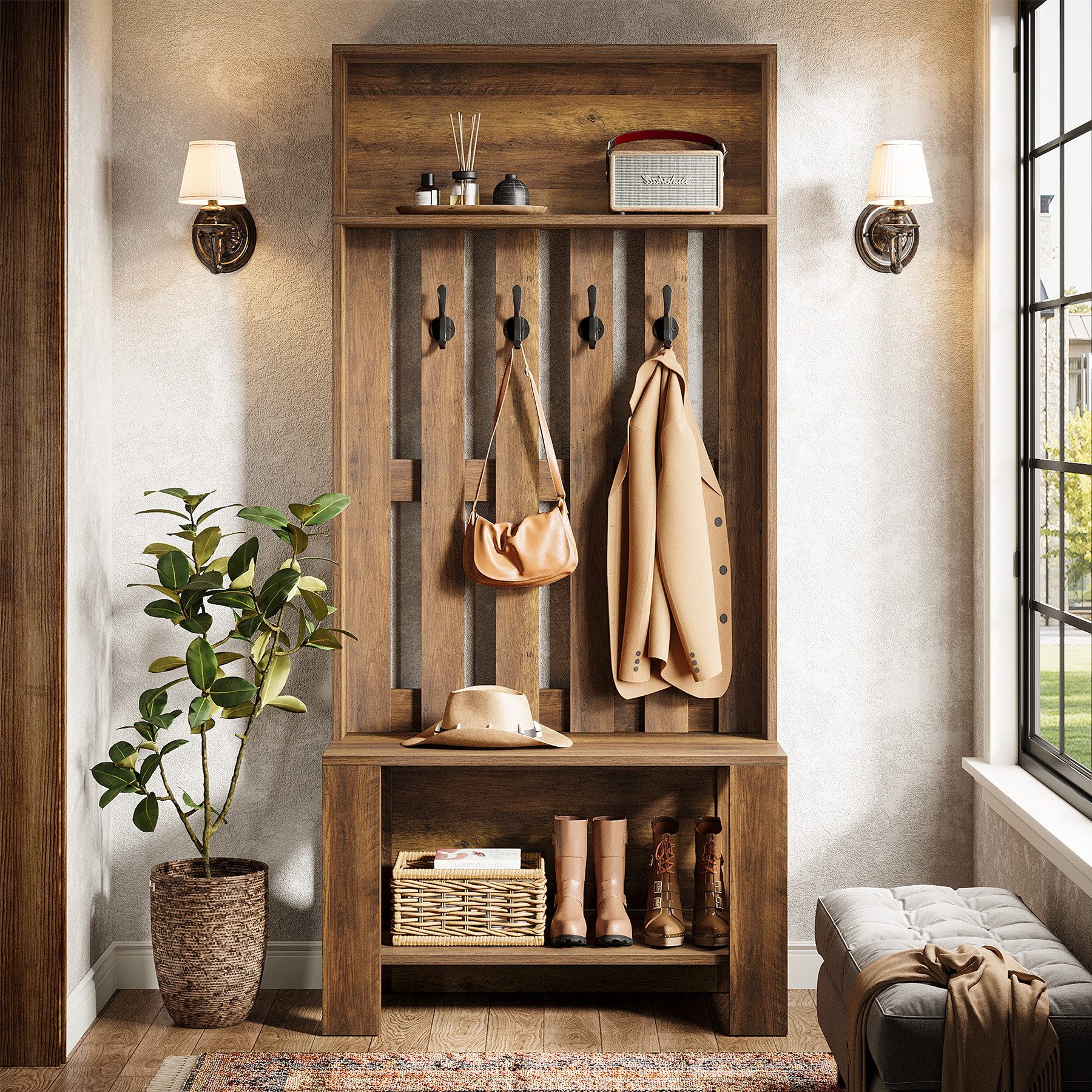 Tribesigns Garderobenständer Flurgarderobe mit Sitzbank und Schuhregal, Garderobenständer mit Haken, (Landhausstil Garderobe, 180 cm Hoch), all Tree mit Stauraum für Eingangsbereich, Diele und Flur