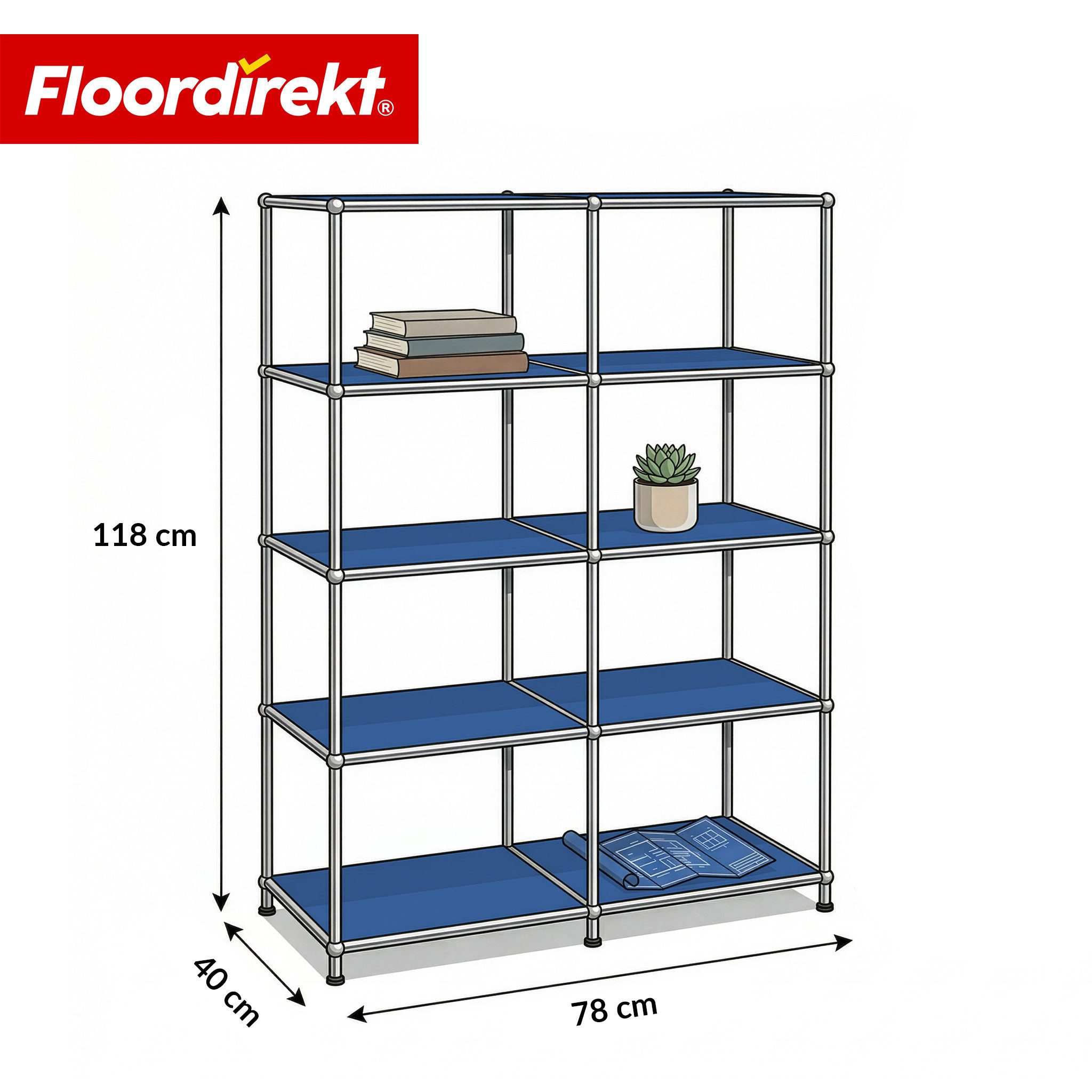 Floordirekt Bücherregal Standregal Concept Epure MK-015 Raumteiler, verchromtes Metallgestell, höhenverstellbare Kunststofffüße, 5 Ablagen, B78×T40×H118 cm