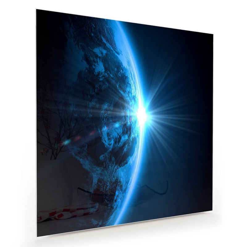 Primedeco Glasbild Wandbild Quadratisch Planet Erde beleuchtet mit Aufhängung, Weltall