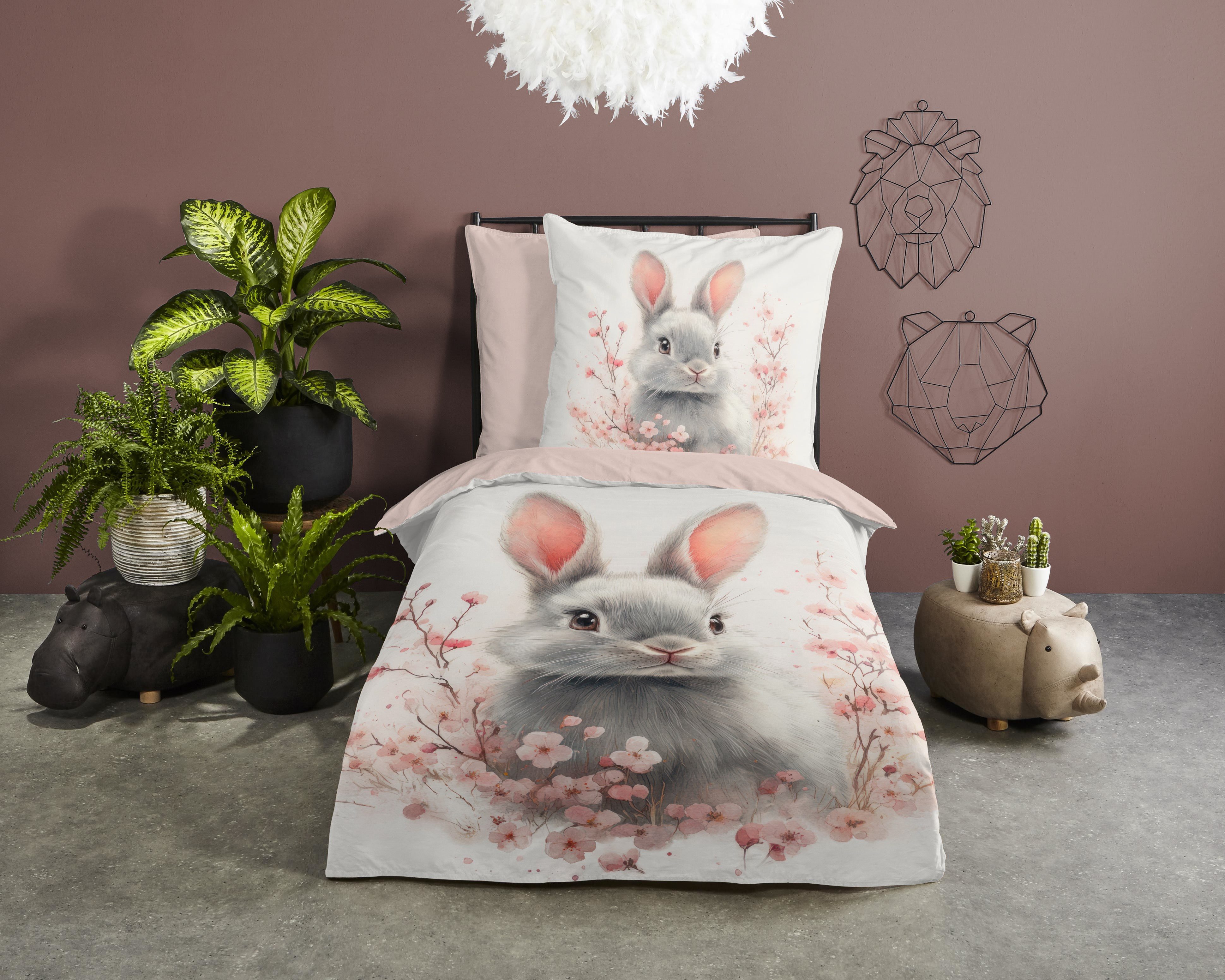 good morning Kinderbettwäsche Fien, Renforcé, 2 teilig, Baumwolle, Renforcé, 135x200, Wendeoptik, Kind, Mädchen, Kaninchen – Bild 2 von 5