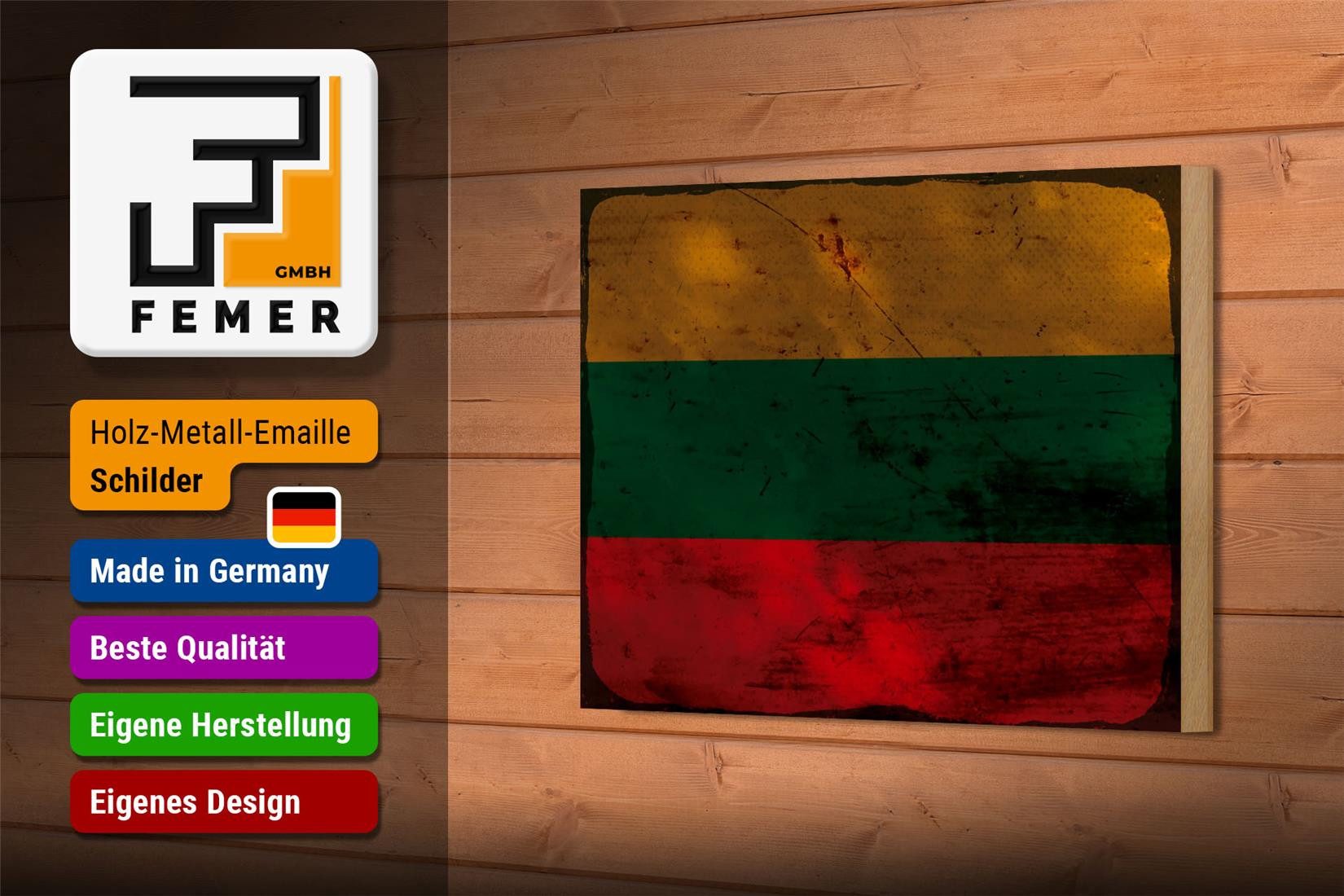 Femer GmbH Holzbild Flagge Litauen 18x12 cm Flag of Lithuania Rost, Flaggen (1 St), Glatte Holzfaserplatte (MDF), vorn beschichtet