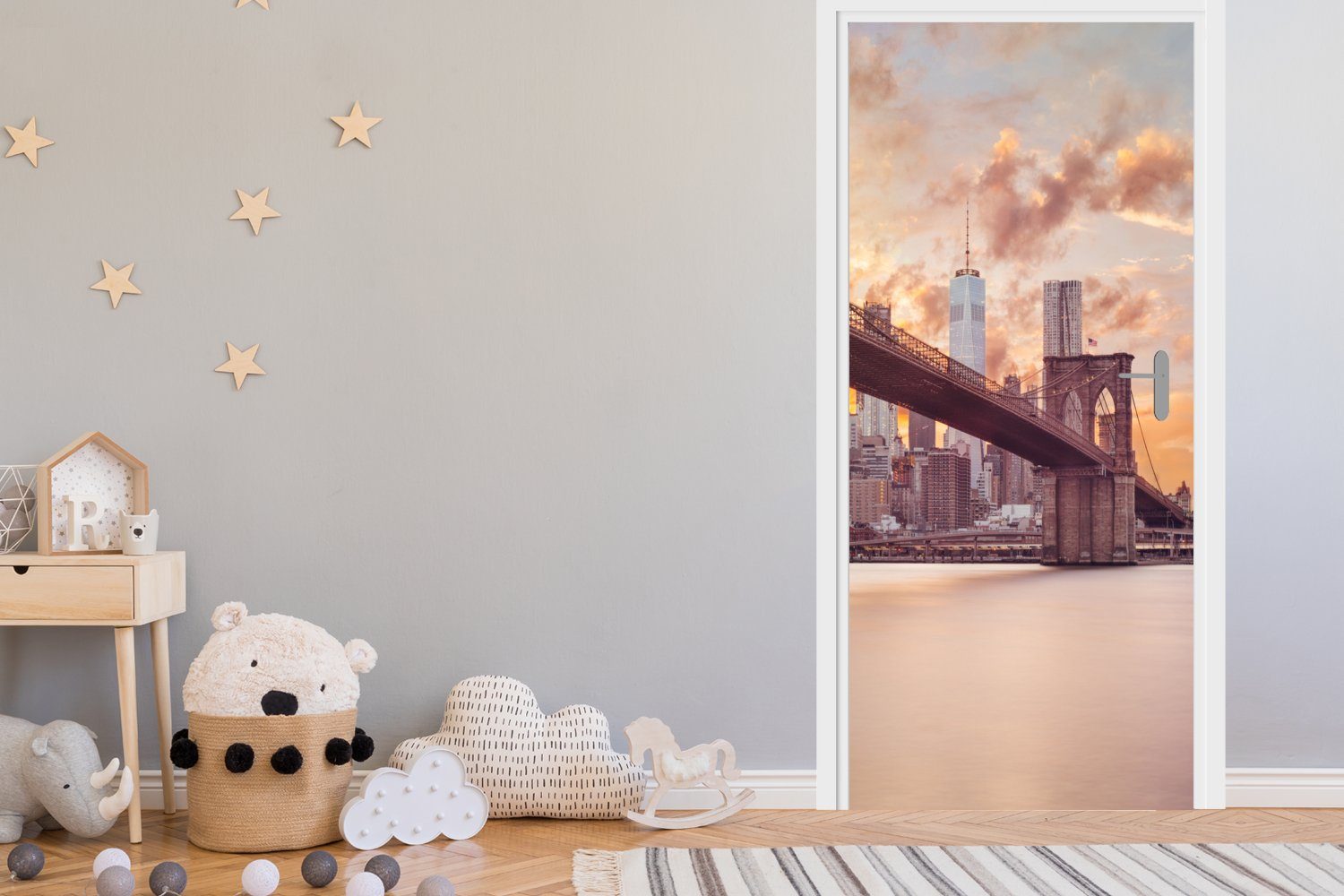 MuchoWow Türtapete Brooklyn Bridge und Türaufkleber, cm Yorker Matt, Fototapete bedruckt, bei für 75x205 St), die Tür, (1 Sonnenuntergang, New Skyline