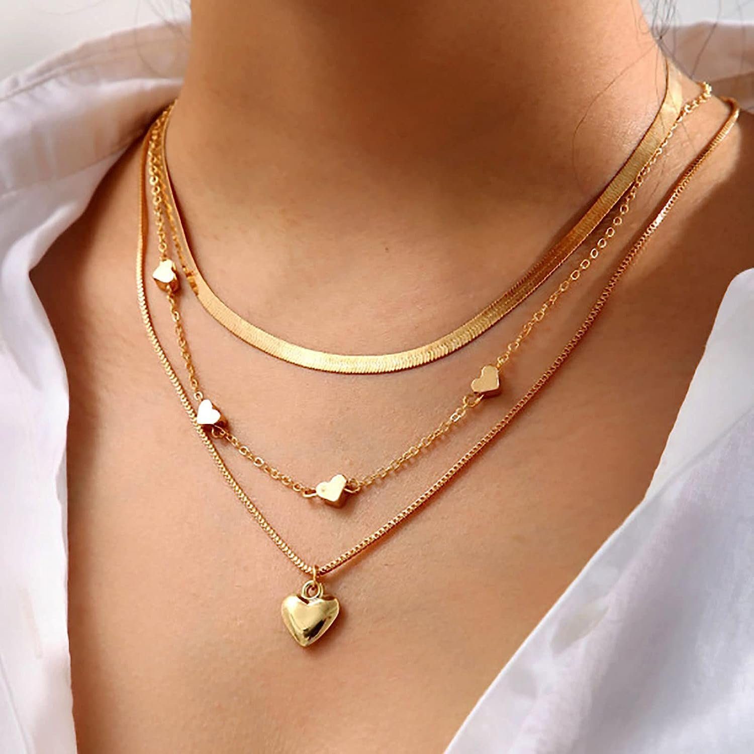 Halskette Halskette Charm-Kette (1-tlg) Anhänger Herz WaKuKa Boho Tiered