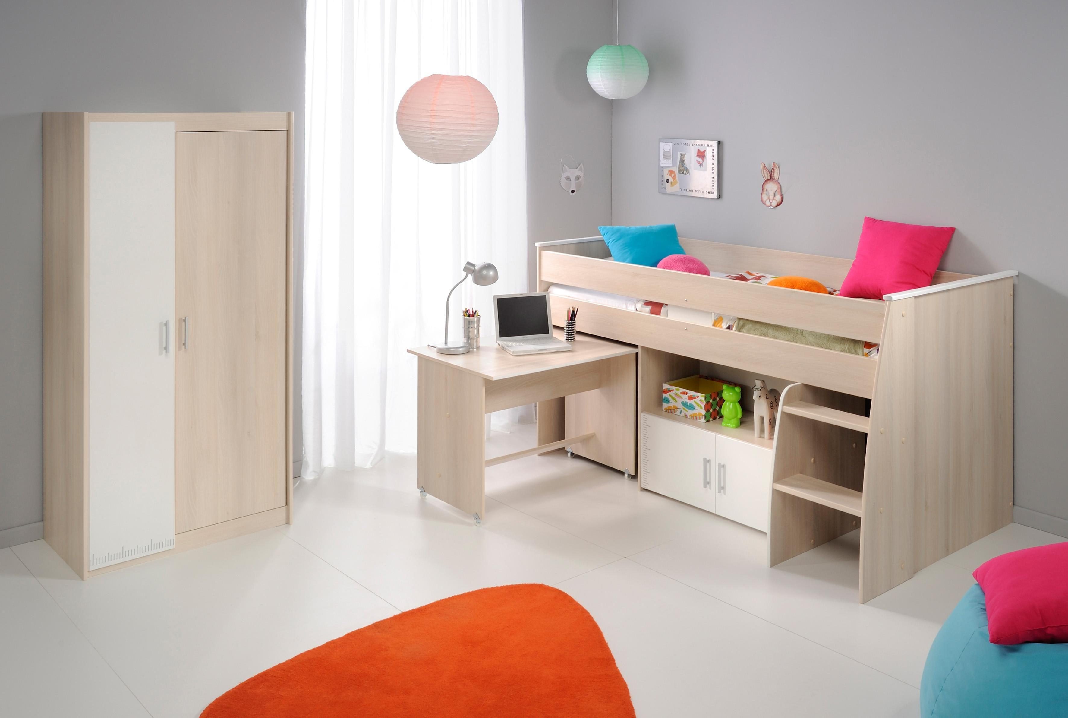 Parisot Jugendzimmer-Set Charly, (Set, 3-tlg., Kleiderschrank und ein halbhohes Bett (inkl. Schreibtisch) und Kommode), Bett mit herausziehbarem Schreibtisch auf Rollen