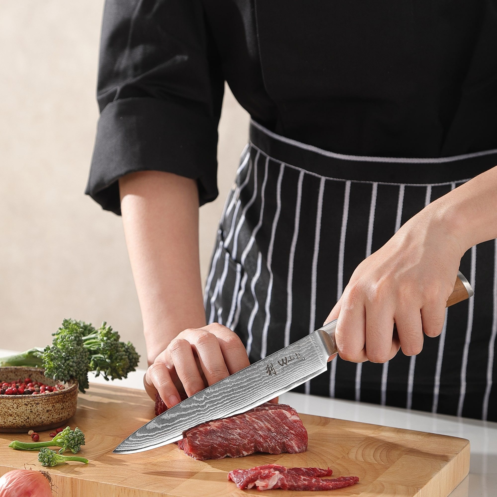 Wakoli Fleischmesser Damast Tranchiermesser Küchenmesser 17 cm Klinge Olivenholzgriff, aus 67 Lagen Damaststahl, VG10