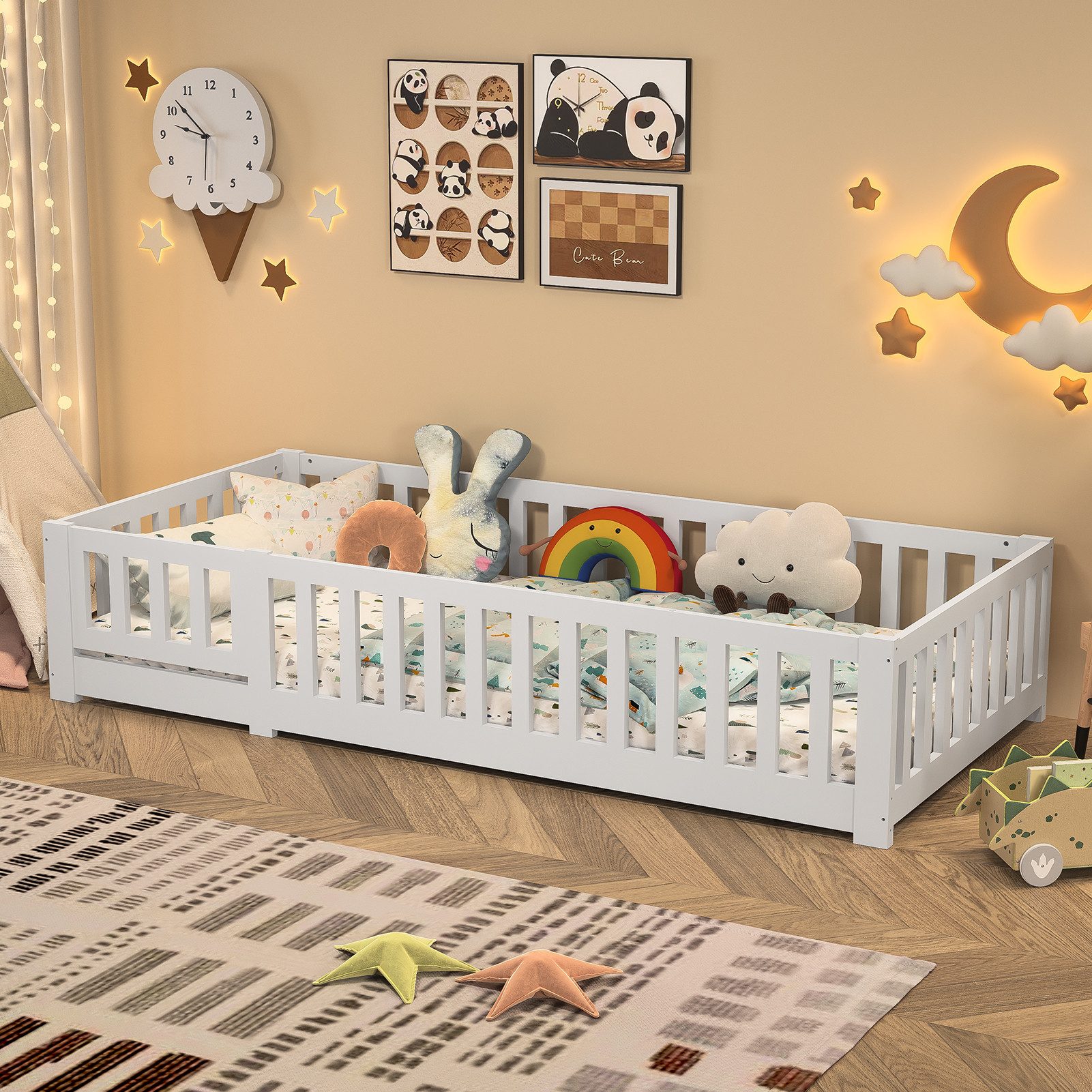FUROKOY Kinderbett Bodenbett Massivholzbett mit Lattenrost, Holzbett Einzelbett 90x200cm mit Rausfallschutz,Weiß,Montessori