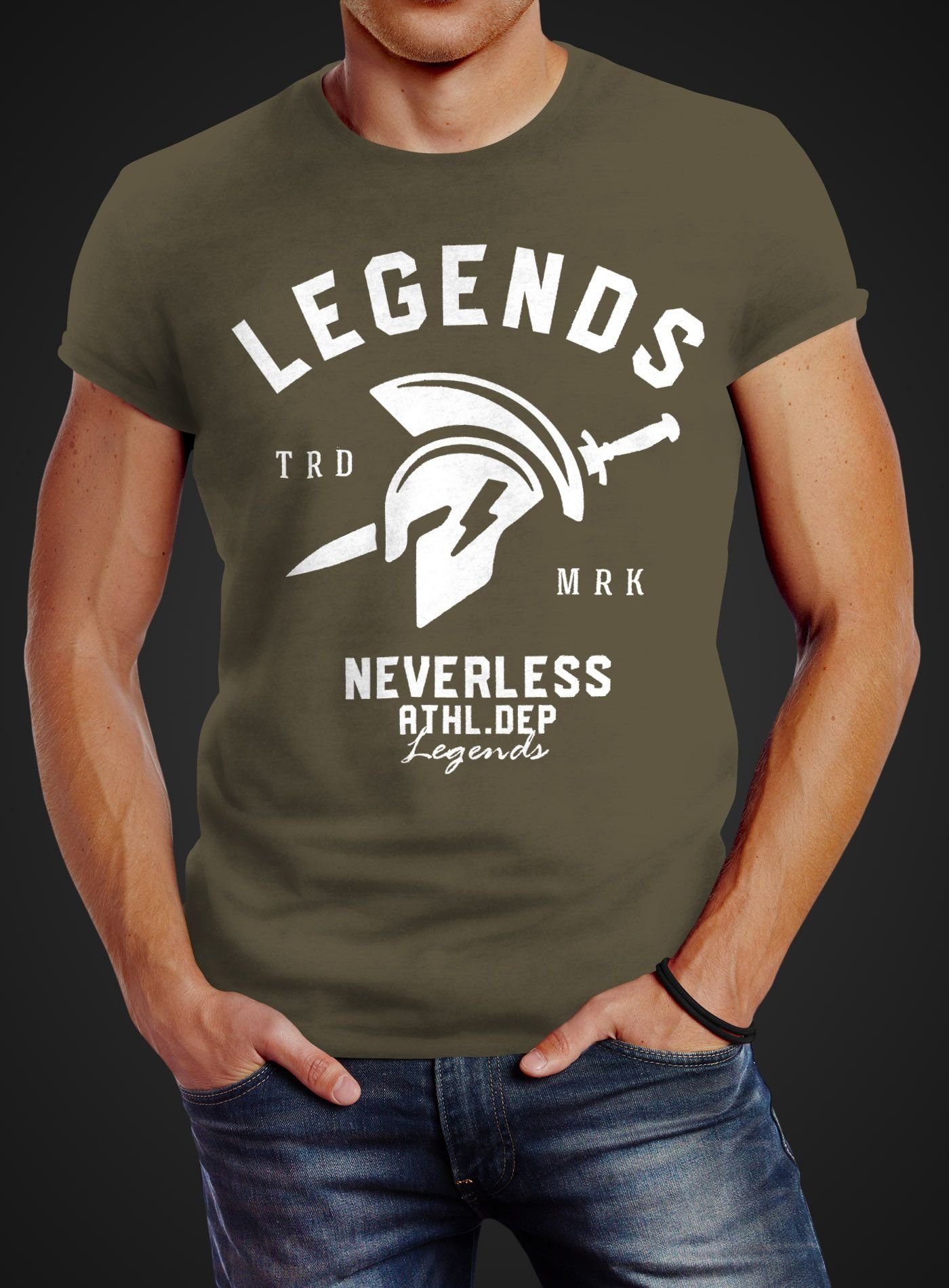 mit Gym Print-Shirt Herren Print Neverless® Legends Sparta T-Shirt Neverless Gladiator Sport Cooles Fitness Athletics grün