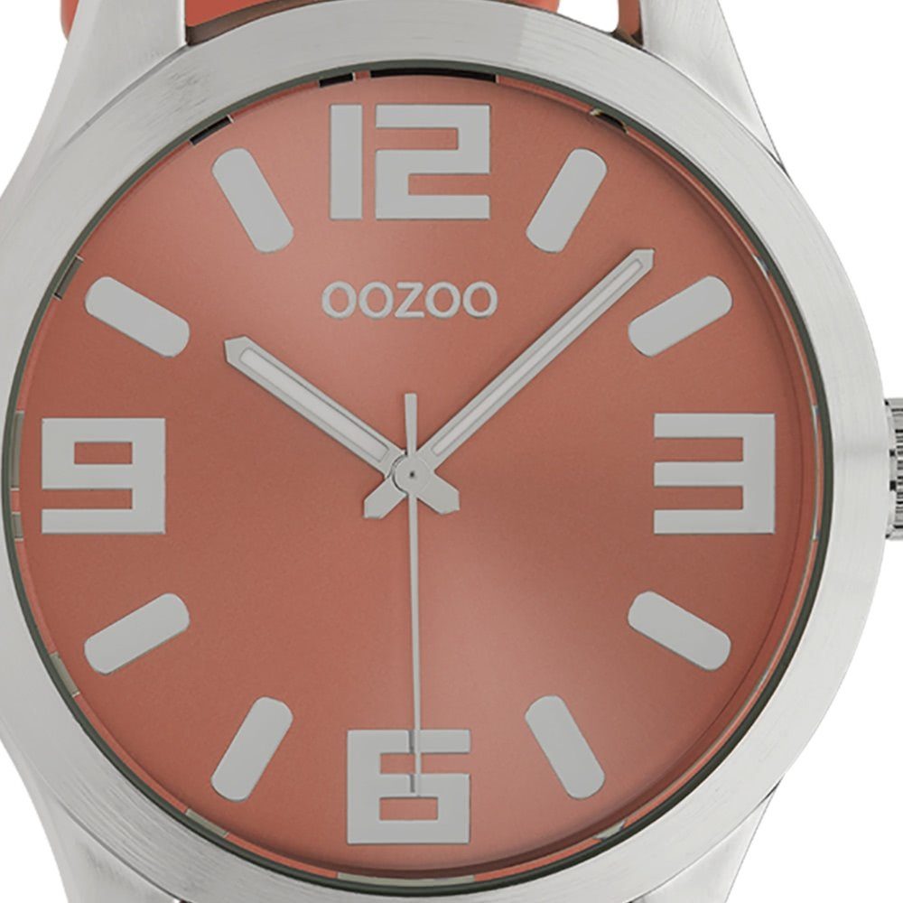 OOZOO Quarzuhr Oozoo Damen Armbanduhr Orange Analog, (Analoguhr), Damenuhr rund, extra groß (ca. 47mm) Lederarmband, Fashion-Style
