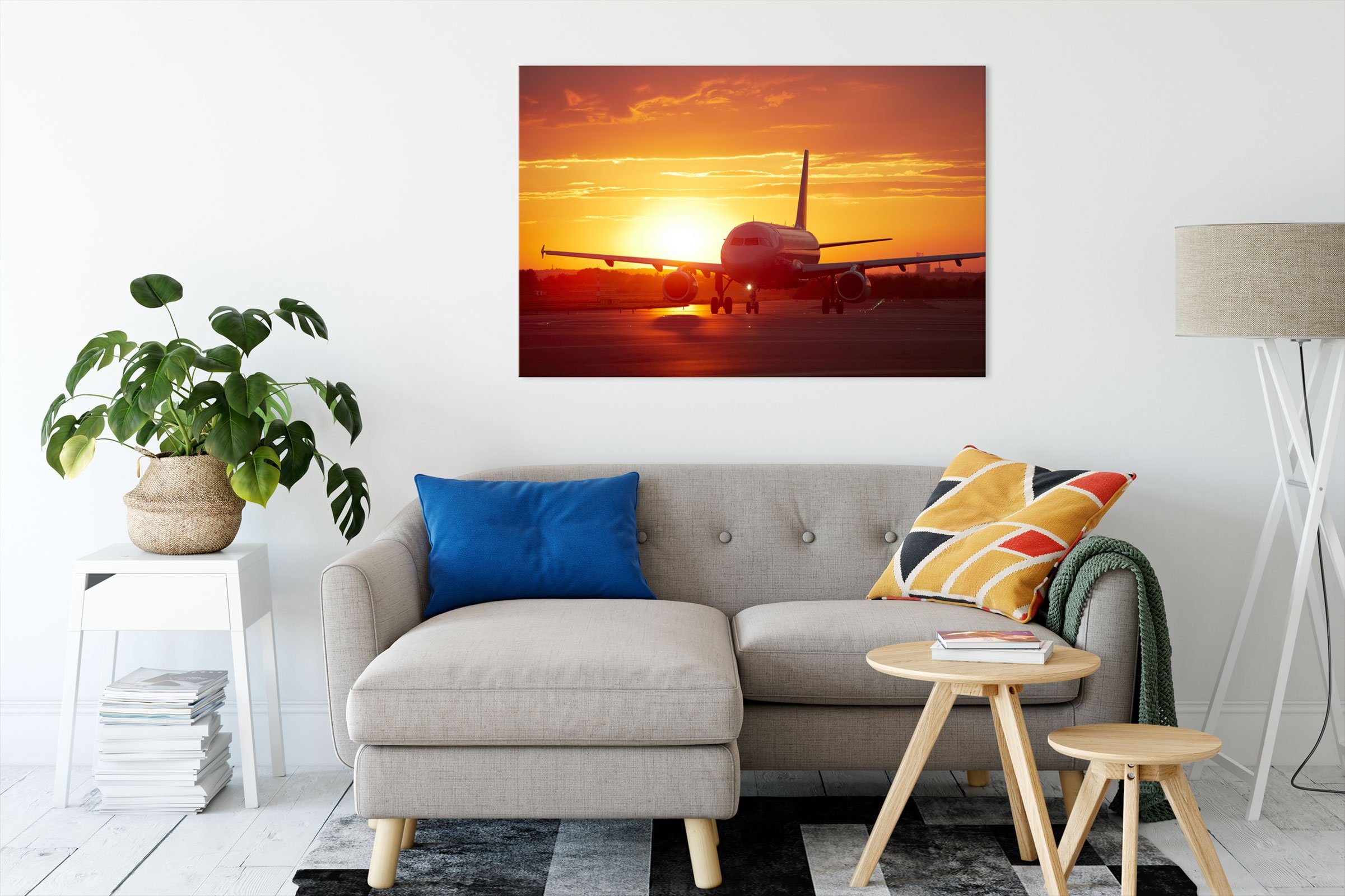 Leinwandbild fertig bespannt, Sonnenuntergang, im Sonnenuntergang Pixxprint (1 Leinwandbild Zackenaufhänger inkl. Flugzeug Flugzeug im St),