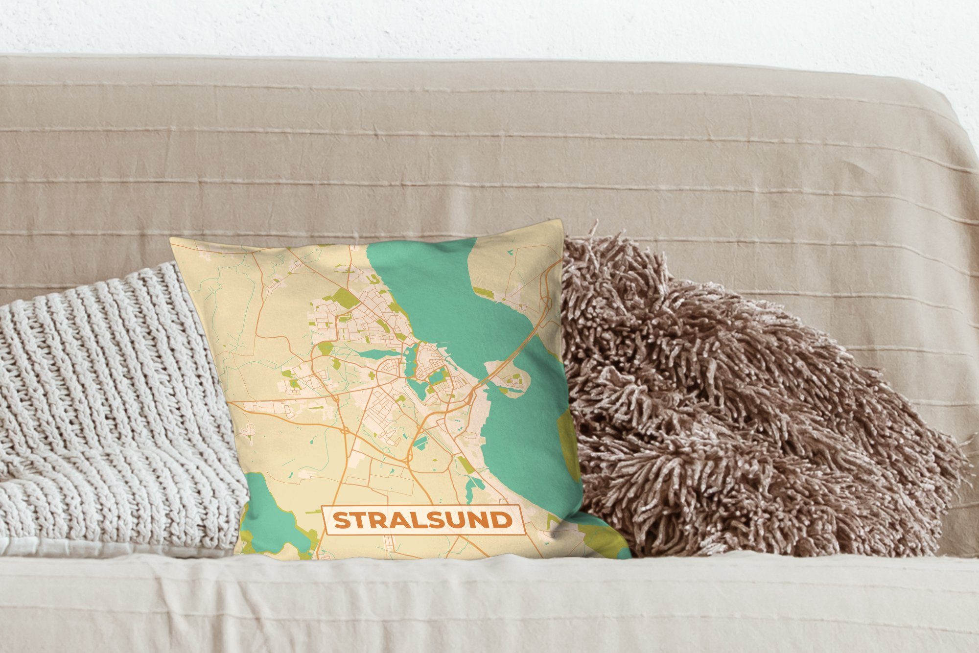 Zierkissen - - Karte - Wohzimmer, mit Stadtplan, Deko, MuchoWow Sofakissen Schlafzimmer, für Vintage Stralsund Füllung Dekokissen