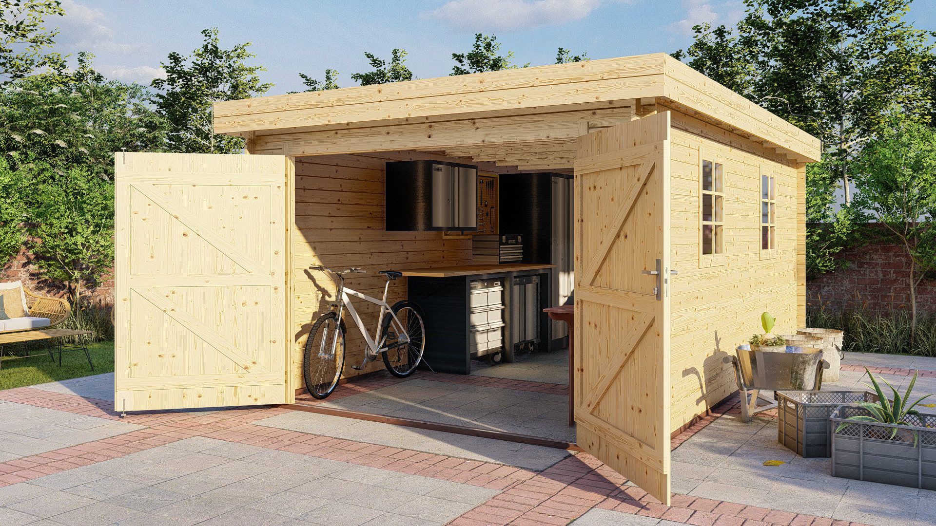 Finn Art Blockhaus Garage Flachdach Holzgarage Schweden 50 mit Holztor, ohne Fußboden, Einzelgarage aus Holz, ohne Dacheindeckung