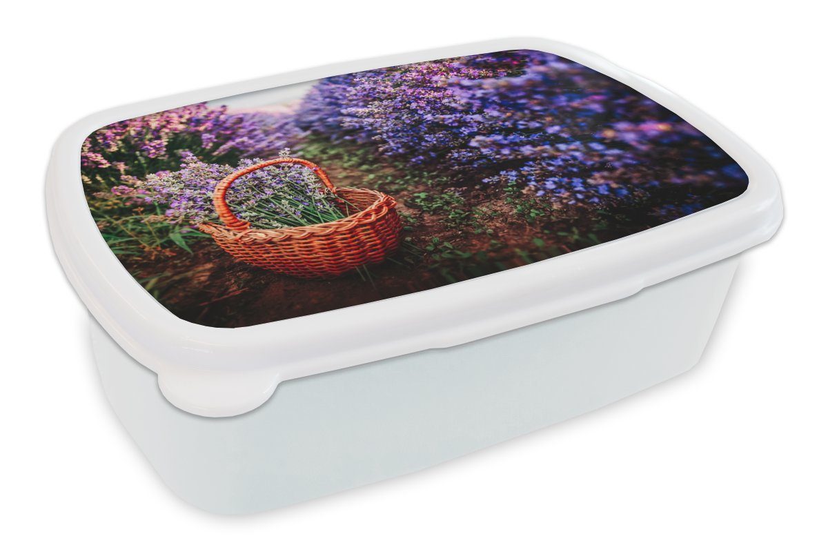 MuchoWow Lunchbox Lavendel - Außen - Korb, Kunststoff, (2-tlg), Brotbox für Kinder und Erwachsene, Brotdose, für Jungs und Mädchen weiß
