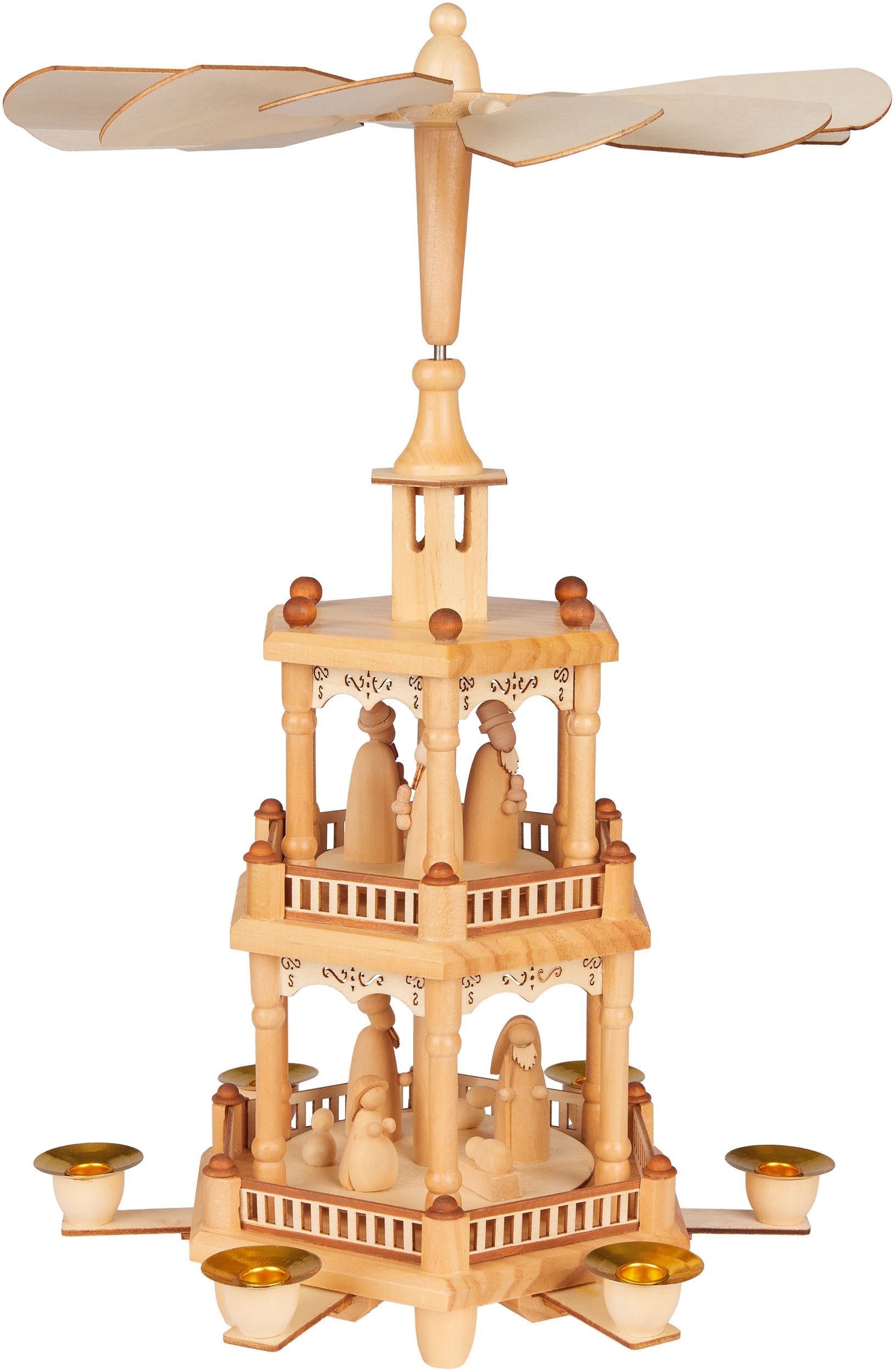 BRUBAKER Weihnachtspyramide 43 cm große Holzpyramide für Weihnachten - drehbare Tischpyramide, Weihnachtspyramide mit Holzfiguren - Weihnachtsdekoration Braun