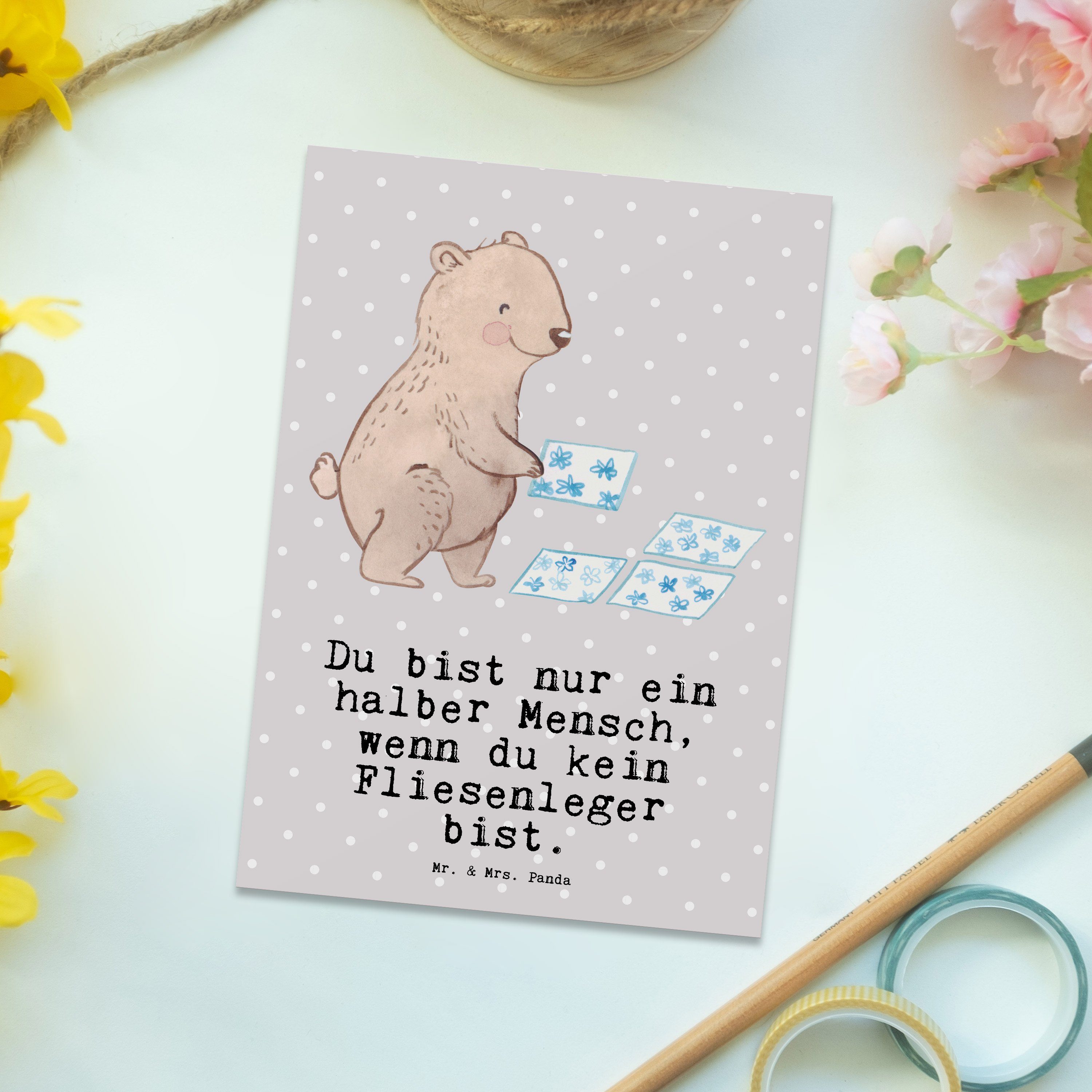 Mr. & Mrs. Panda Postkarte Fliesenleger mit Herz - Grau Pastell - Geschenk, Ausbildung, Karte, F