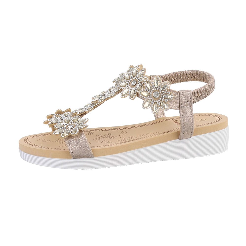 Ital-Design Bequeme Sandalen mit Blumenmuster und elastischem Knöchelriemen Riemchensandalette (85960333) Keilabsatz/Wedge Keilsandaletten in Gold