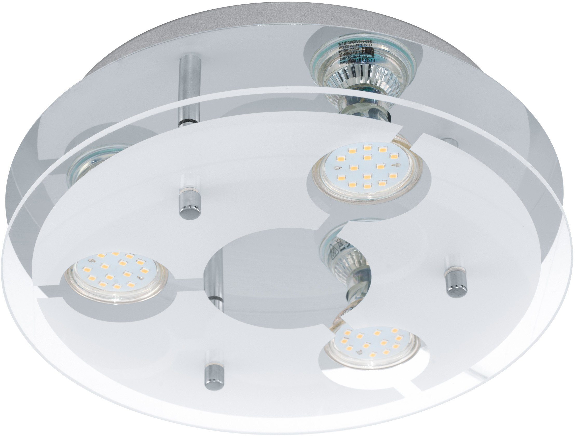EGLO Deckenleuchte CABI Deckenlampe, Edelstahl und Glas, GU10, Wohnzimmerlampe, Lampe, LED wechselbar, Warmweiß, Deckenleuchte, Flur, H8,5 x Ø27cm, chrom, weiß, klar, 3X2,8W inkl.