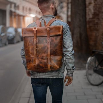 SID & VAIN Rucksack Leder Backpack Herren CHAZ, Cityrucksack 15,4 Zoll Echtleder Damen Herren Vintage-hellbraun