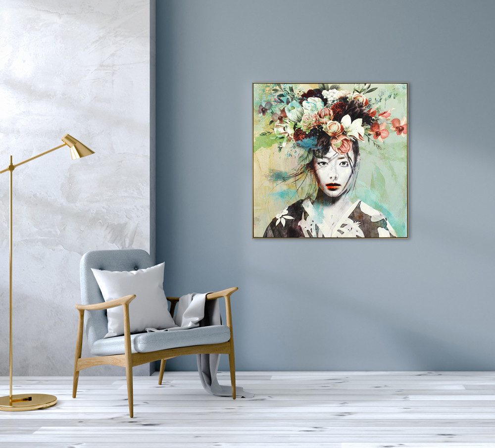 ArtUniverse Gemälde Leinwandbild Schönheit mit exotischem Blumenschmuck 100 x 100 cm, Menschenmotiv