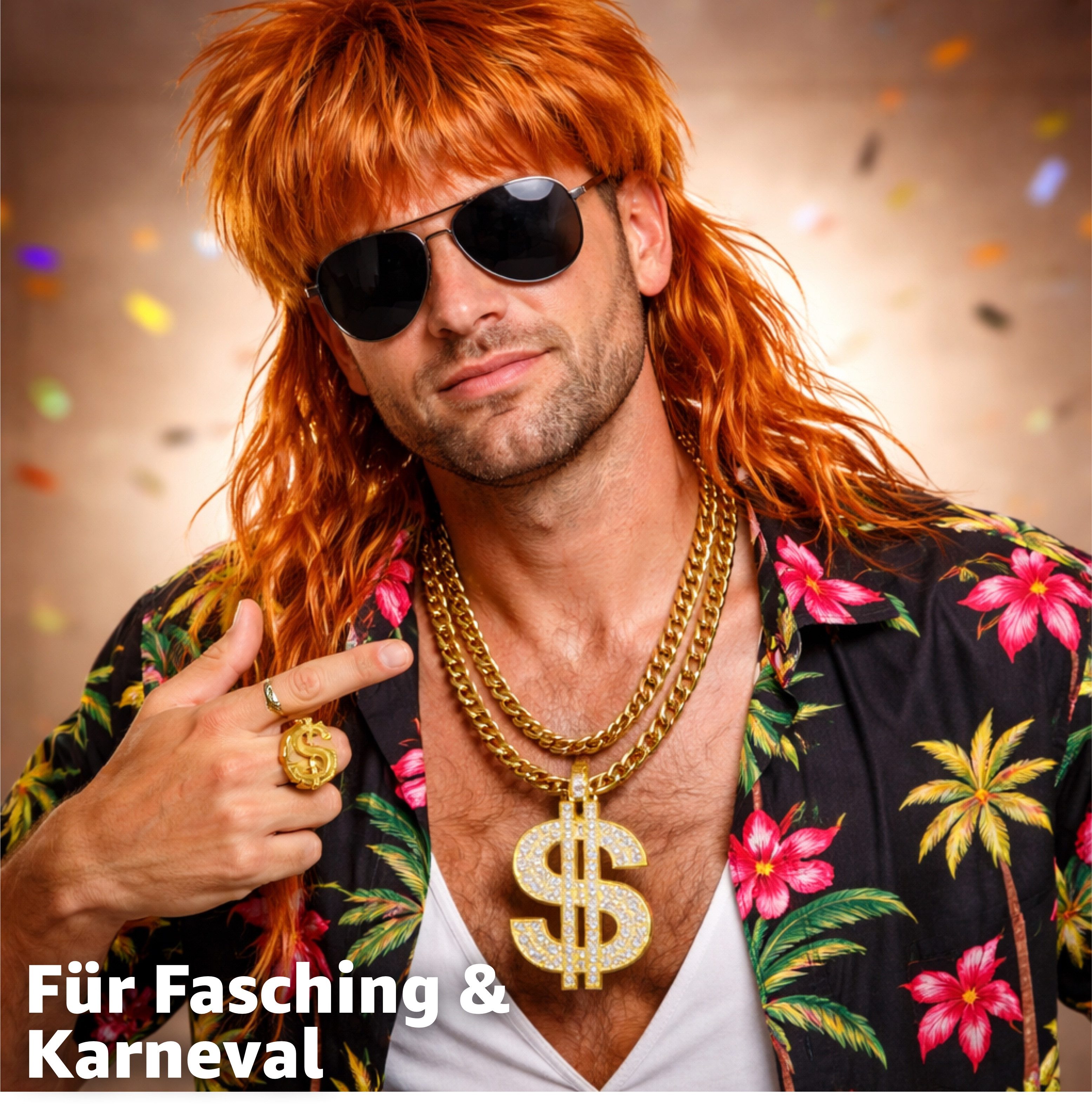 FASCHINFEVER Kostüm 4-in-1 Vokuhila Set – Kultiges 80er-Jahre Kostüm-Accessoire