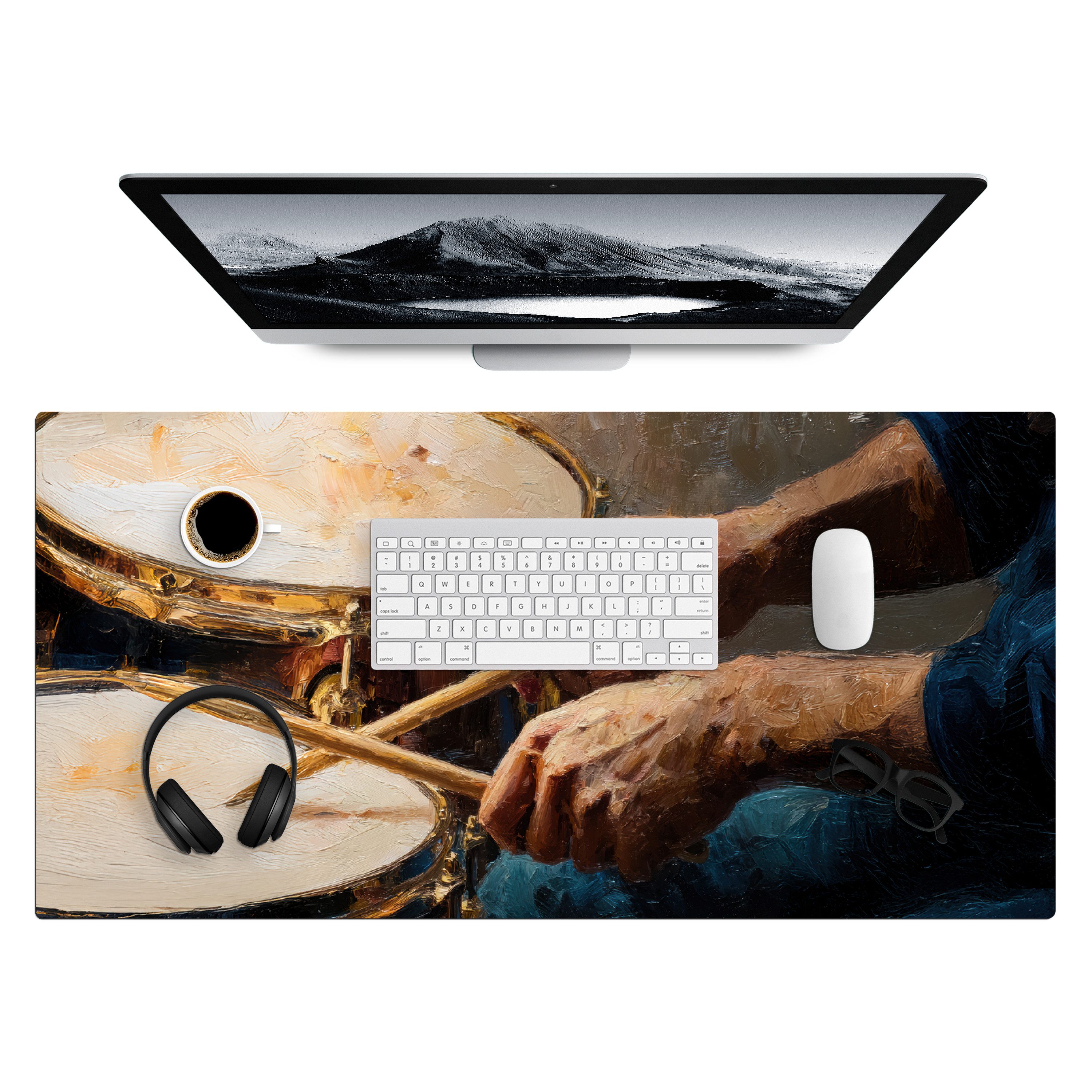 MuchoWow Gaming Mauspad Schlagzeugstöcke - Ölgemälde - Mann (1-St), Gaming Mauspad XXL, Schreibtischunterlage, Mousepad, Deko, 90x45 cm