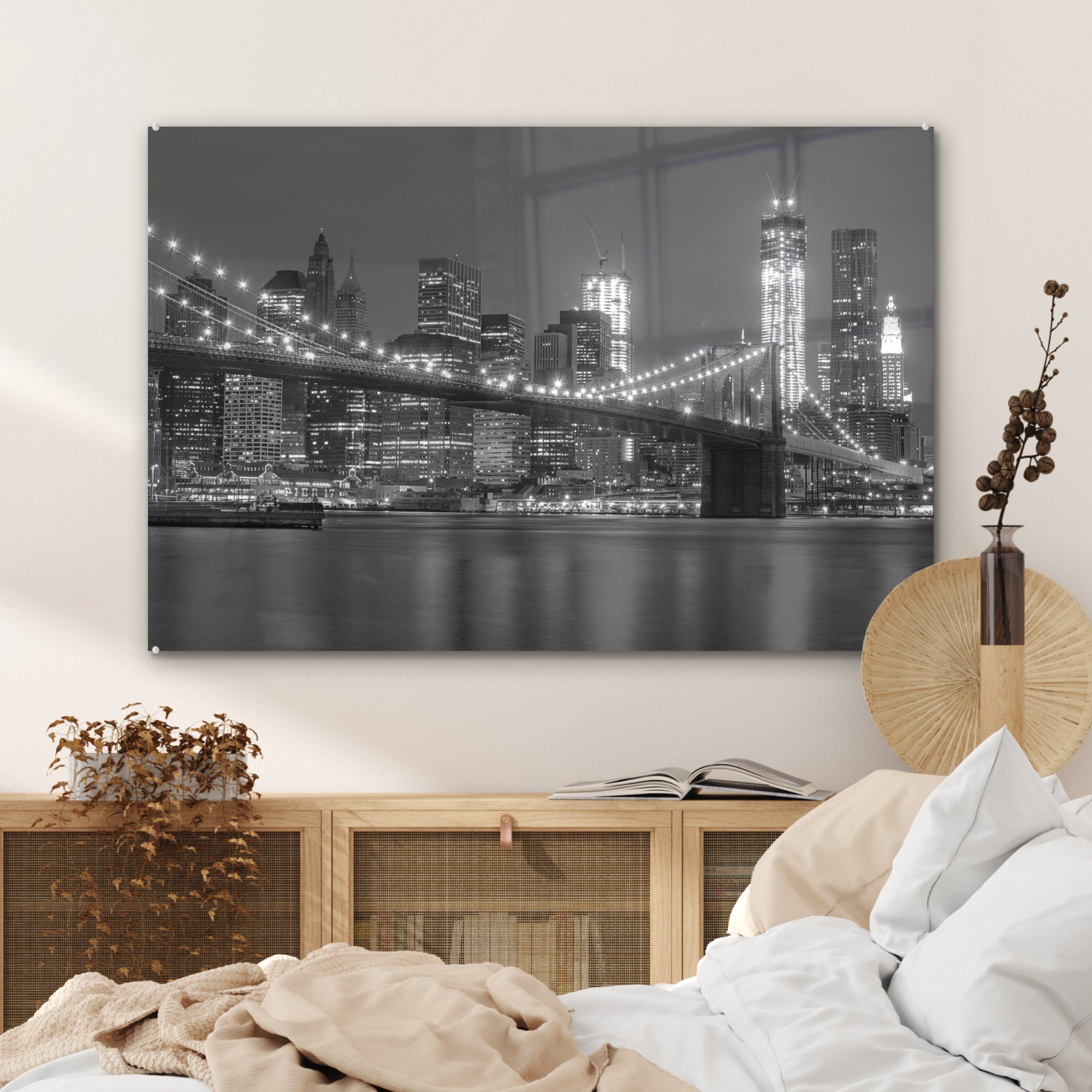MuchoWow Acrylglasbild Brooklyn-Brücke St), - Schwarz Wohnzimmer Weiß Schlafzimmer - Licht, Acrylglasbilder (1 & 