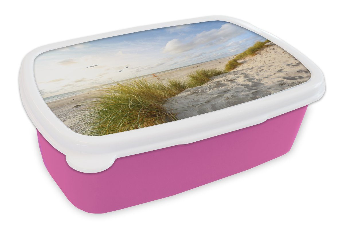 MuchoWow Lunchbox Strand - Meer - Vögel, Kunststoff, (2-tlg), Brotbox für Erwachsene, Brotdose Kinder, Snackbox, Mädchen, Kunststoff rosa