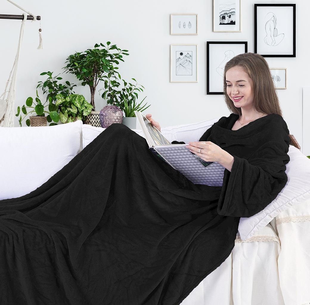 Tagesdecke mit - Blanket aufgenähten black TV Lazy und Taschen, DecoKing, Ärmeln Tragbare Kuscheldecke Ärmeldecke