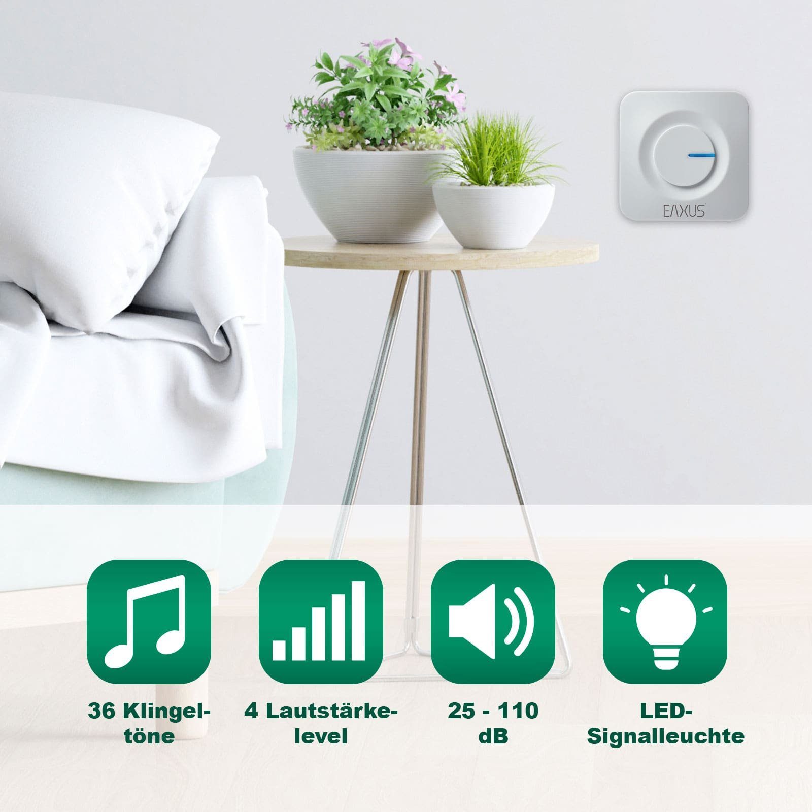 EAXUS Türklingel-Set Moderne Kinetische Haustürklingel mit 36 Klingeltönen, Weiß, 1 Empfänger, 36 Klingeltöne, 4-stufige Lautstärkeregelung, 200 Meter Reichweite, LED-Signal, IP44