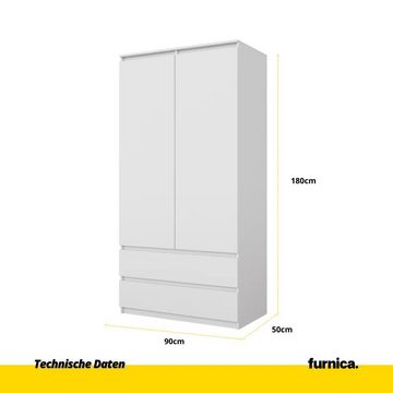 Furnica Kleiderschrank Joelle Weiß Matt, 2 Türen und 2 Schubladen H180cm B90cm T50cm