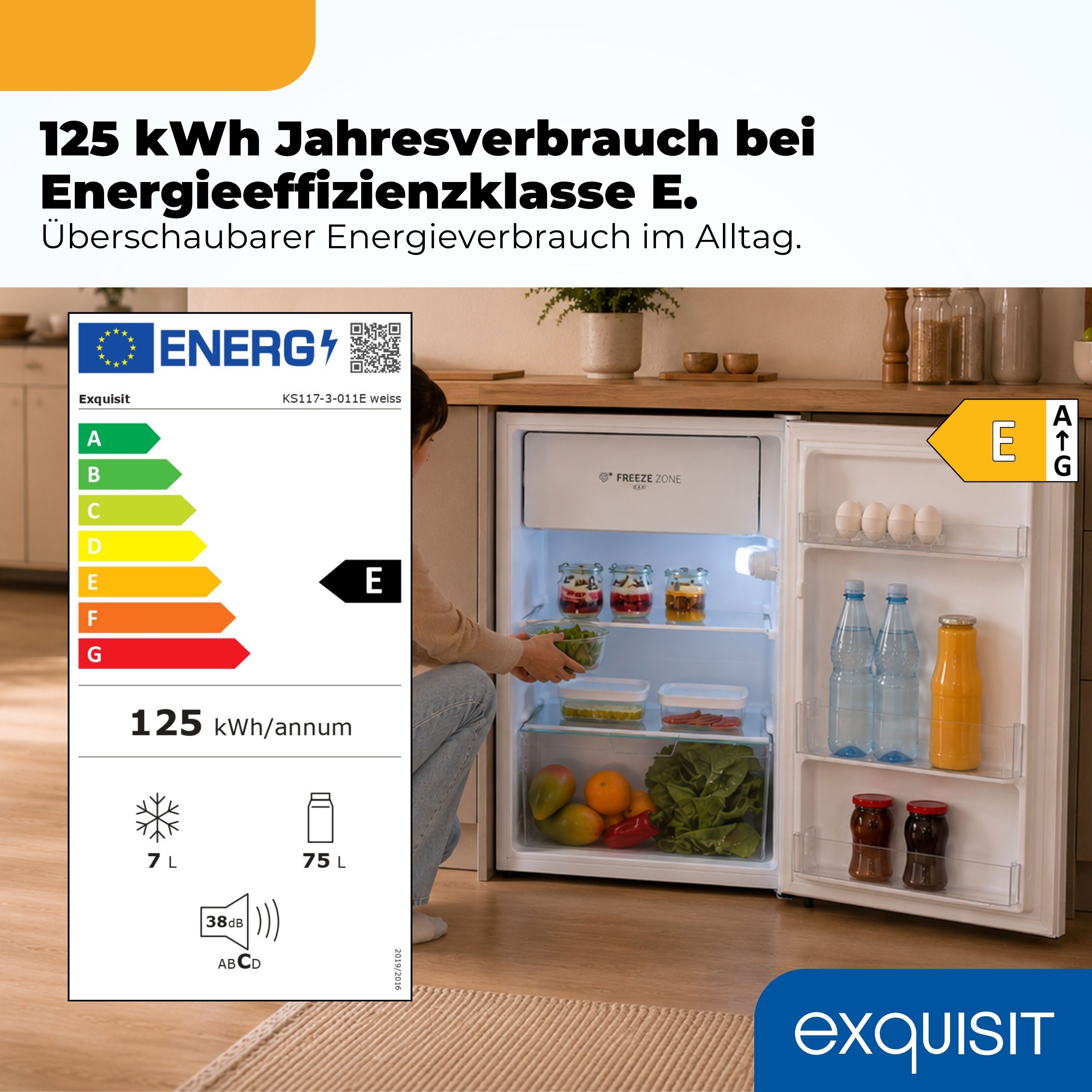 exquisit Kühlschrank KS117-3-011E weiss, 84 cm hoch, 48 cm breit, Perfekte Kühlung & Gefrierfach: 82 L Mini-Kombi für jede Küche – Bild 2 von 5