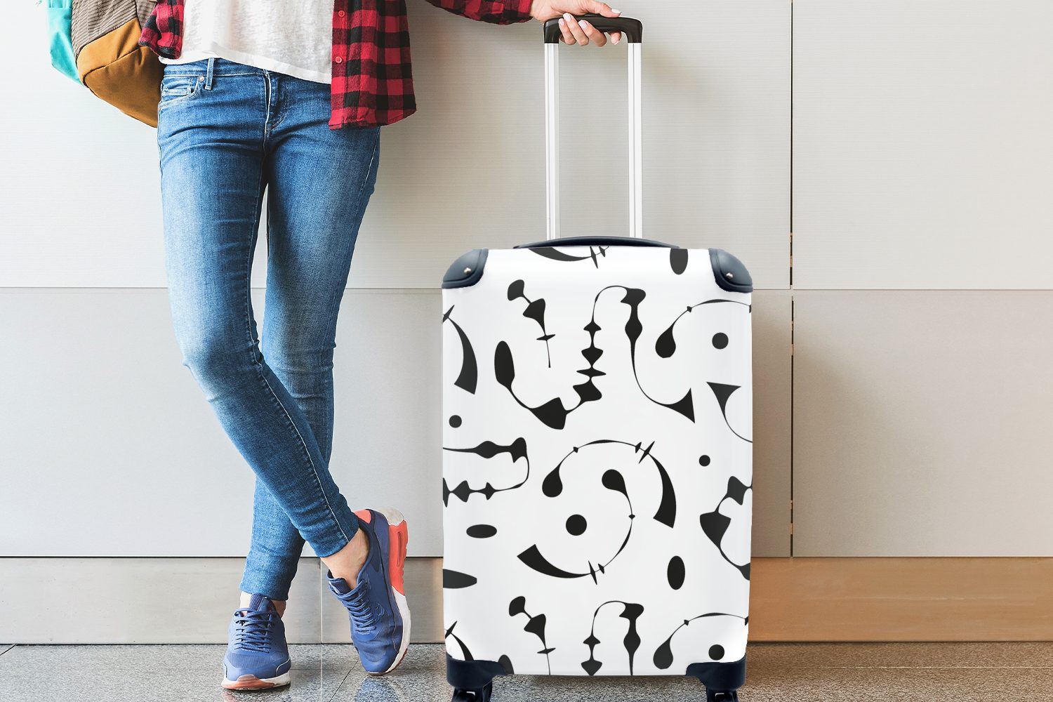 Weiß Abstrakt Reisetasche MuchoWow Linienkunst Schwarz und - Handgepäckkoffer Trolley, für 4 mit Reisekoffer - - Muster, Handgepäck Ferien, Rollen, rollen,