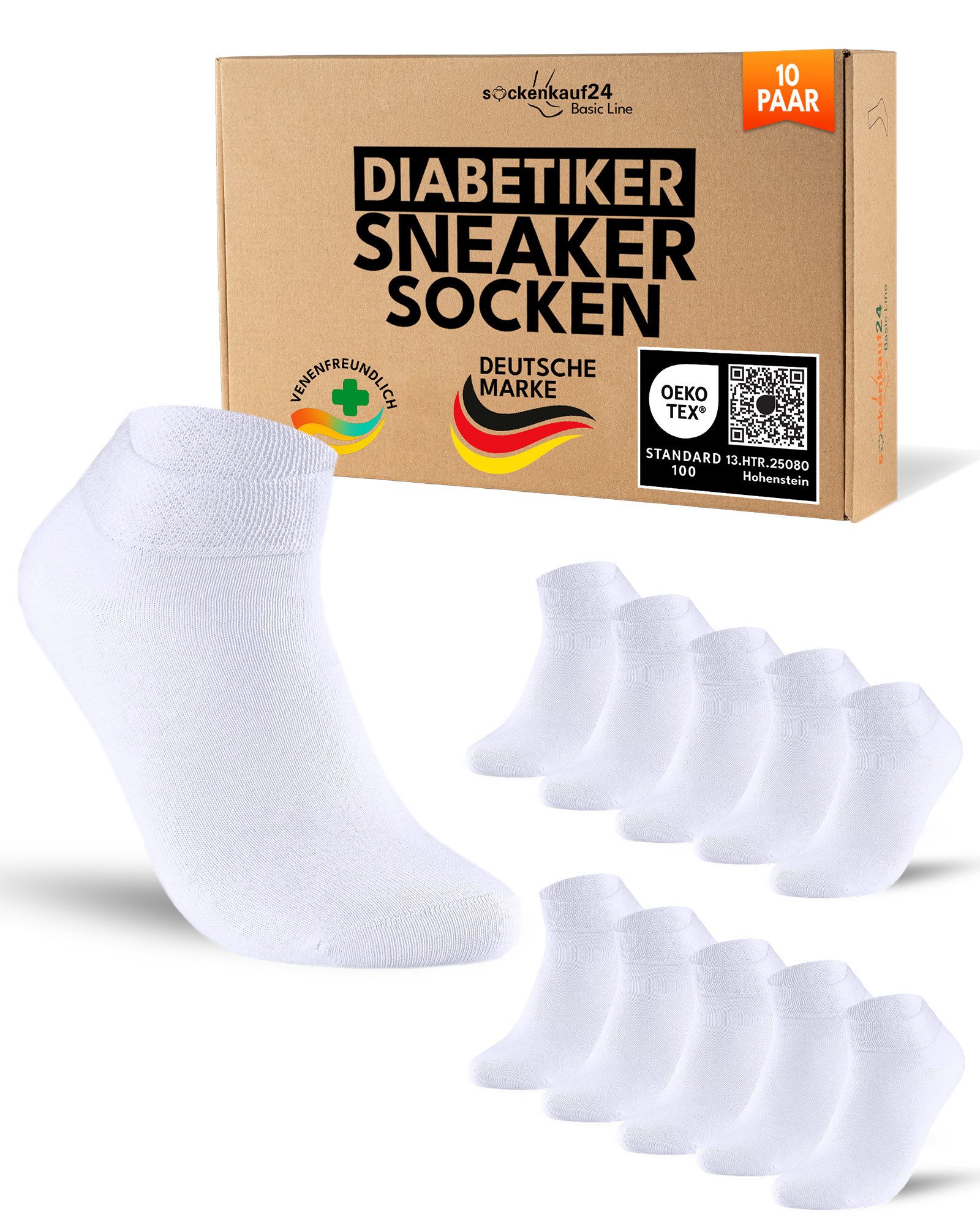 sockenkauf24 Diabetikersocken Sneaker Socken Diabetiker ohne Gummibund & ohne Naht Baumwolle (10-Paar) Diabetiker Socken mit Komfortbund ohne Gummi für Damen & Herren