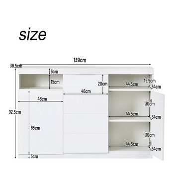 EXTSUD Sideboard ModerneLED-Kommode viel Stauraum und verstellbarem Beleuchtungssystem, Mehrzweckschränke, Schließfächer, Esszimmer weiß 139 * 36,5 * 92 cm