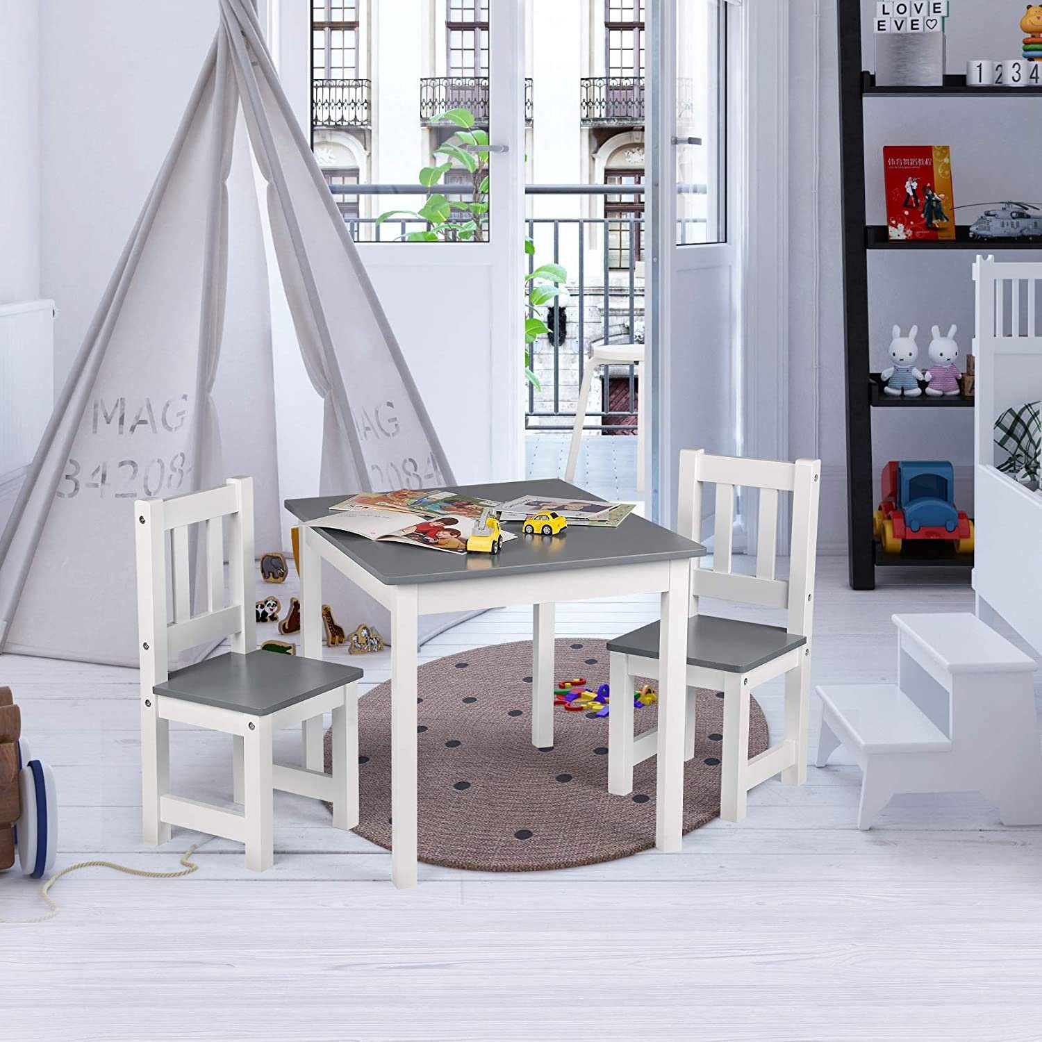 Woltu Kindersitzgruppe, Kindertisch mit 2 Stühle Holz Tischgruppe für  Kinder Vorschüler Kindermöbel, 60x50x48cm, Weiß+Grau online kaufen | OTTO