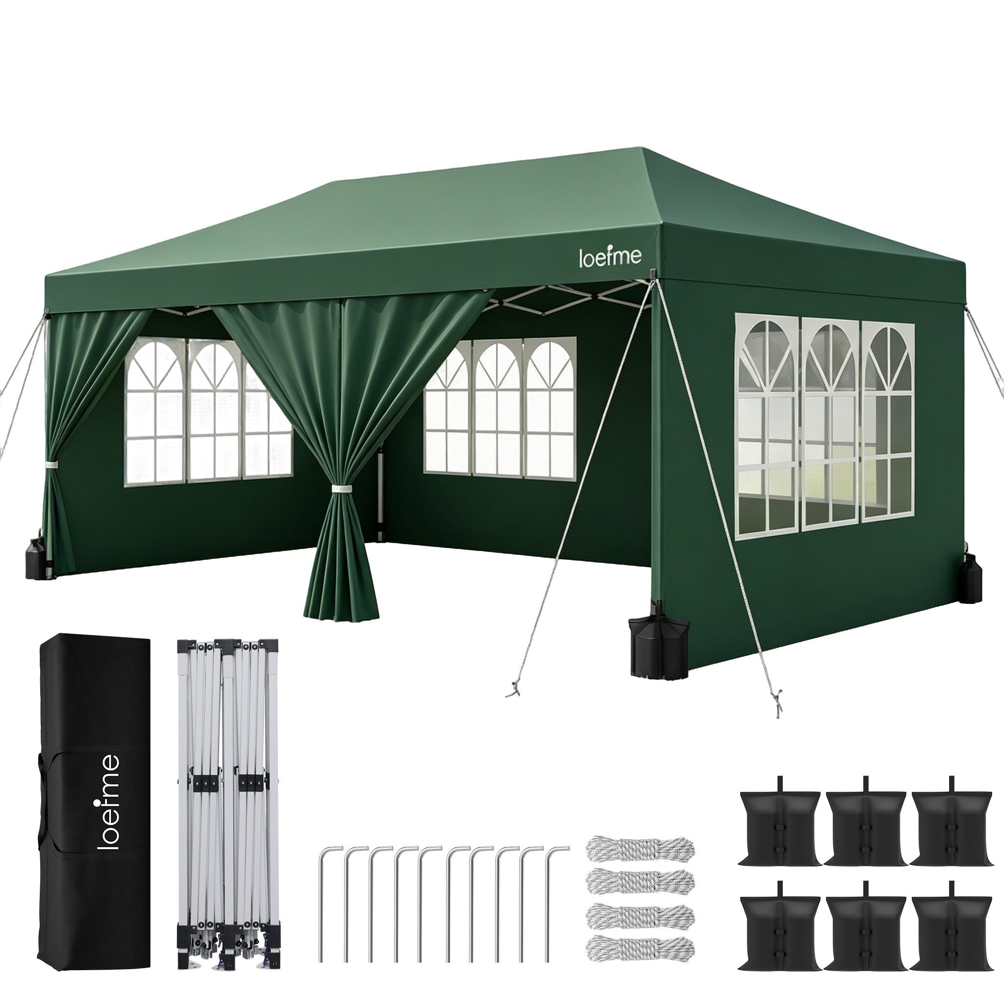 loefme Faltpavillon 3x6m, Pop Up Pavillon mit 6 abnehmbaren Seitenwänden UV-Schutz, mit 6 Seitenteilen, 3 Höhenverstellungen, 210D Oxford-Gewebe, mit Tragetasche