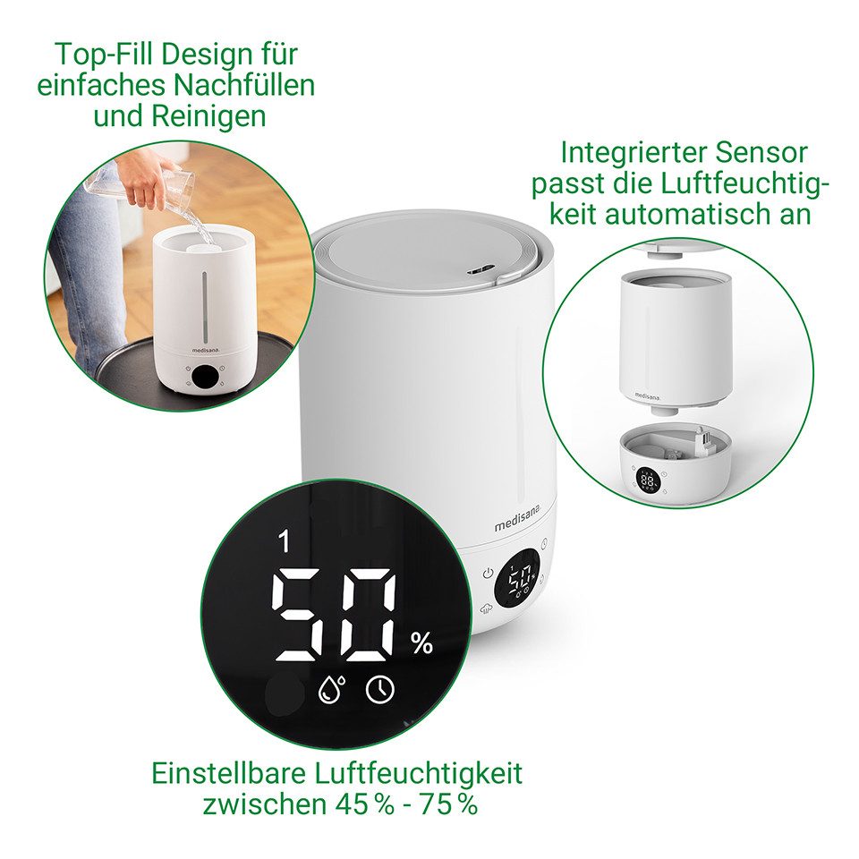 medisana Luftbefeuchter AH 663, 4,5 l Wassertank, 4,5L Tank, Top-Fill-Design, integrierter Luftfeuchtigkeitssensor
