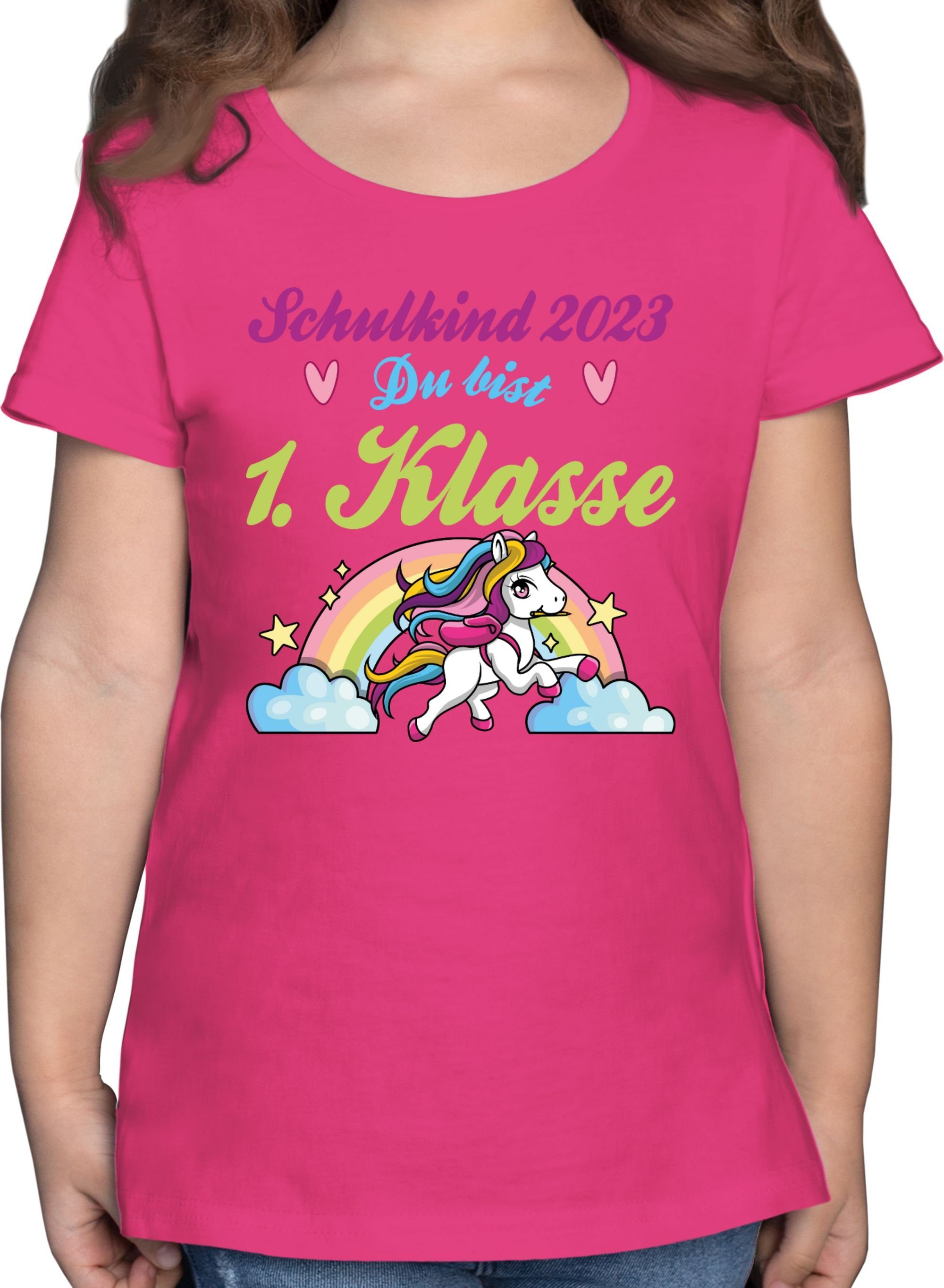 Shirtracer T-Shirt Schulkind 2023 - du bist 1. Klasse Pferd und Regenbogen Einschulung Mädchen 1 Fuchsia