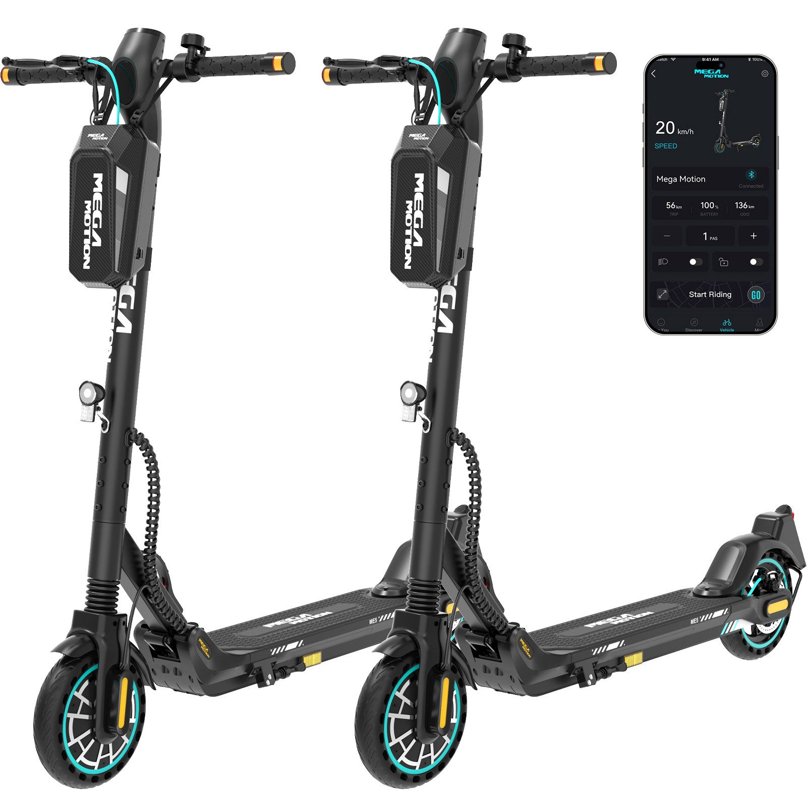 Mega Motion E-Scooter 8,5 Zoll Elektroroller, Max.35km mit Straßenzulassung ABE, 20 km/h, (Mit Schutzblechen und Aufbewahrungstasche), mit Lenker-Blinkern und APP klappbar für Erwachsene