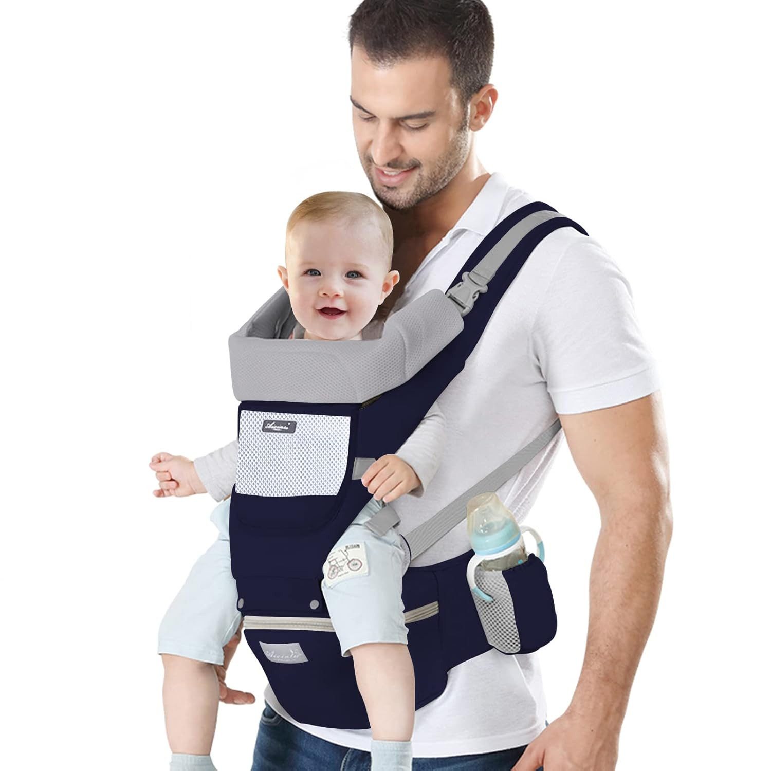 Athlix Bauchtrage Babytrage mit abnehmbarem Hüftsitz atmungsaktiv Komfort, 3-36 Monate, 3-20 kg, Atmungsaktive reine Baumwolle, Komforttrage