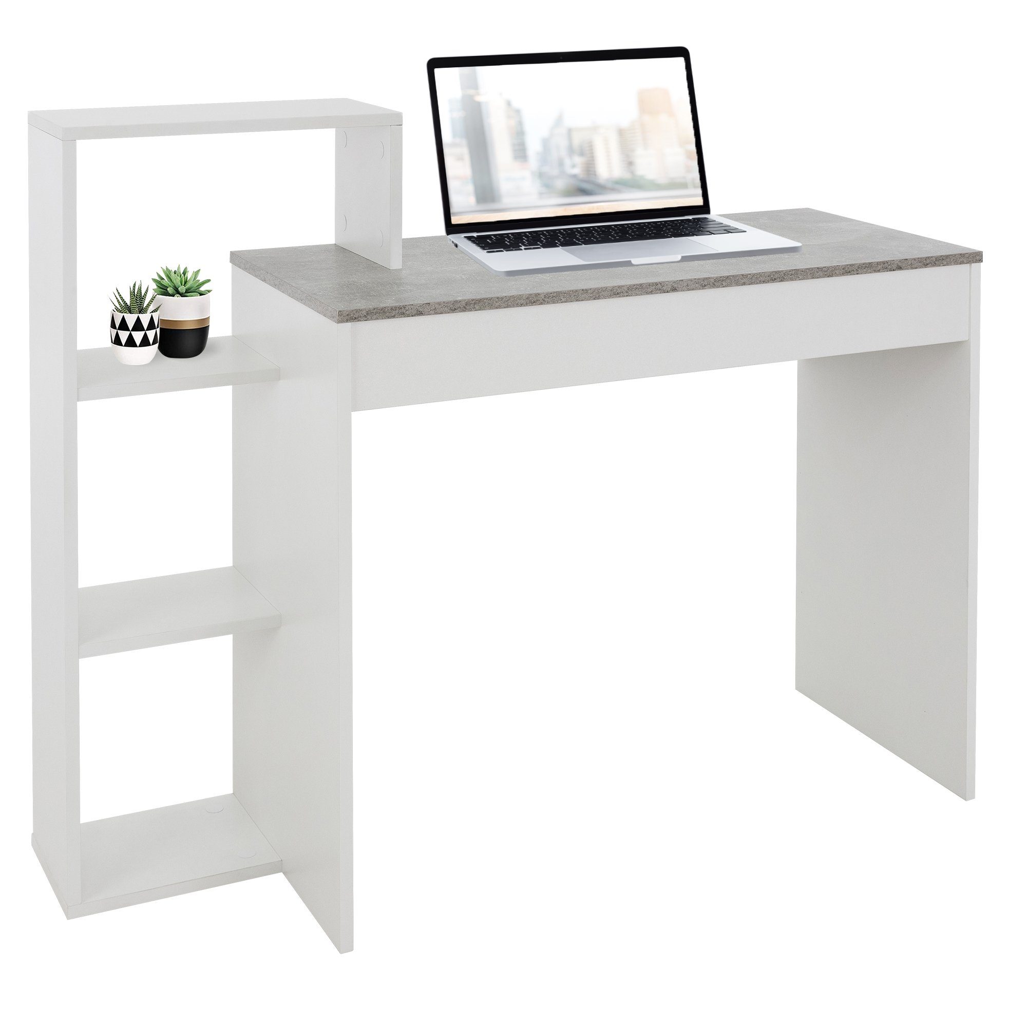 ML-DESIGN Schreibtisch Arbeitstisch Bürotisch Computertisch PC Tisch für  Zuhause, Regal Weiß Beton-Optik 3 Einlegeböden 110x72x40cm Holz 2-in-1  System