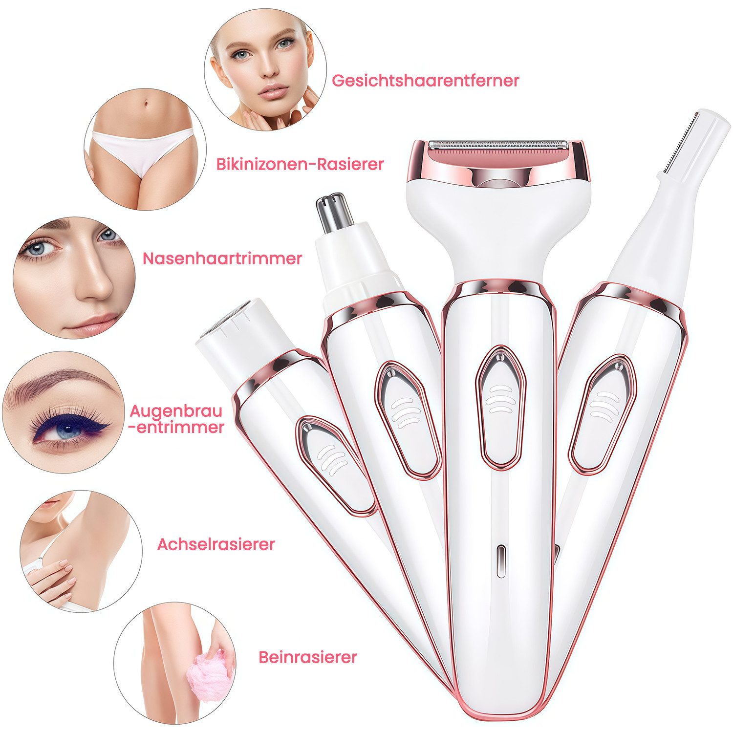 MOPUEA Haarentferner-Set Elektrischer Rasierer für Frauen, 4-in-1-Rasierer für Frauen, Haartrimmer für Gesicht Nase Achseln Intimbereich Bikinizone, Intimrasierer Damen Gesicht Bikinizone USB Aufladung
