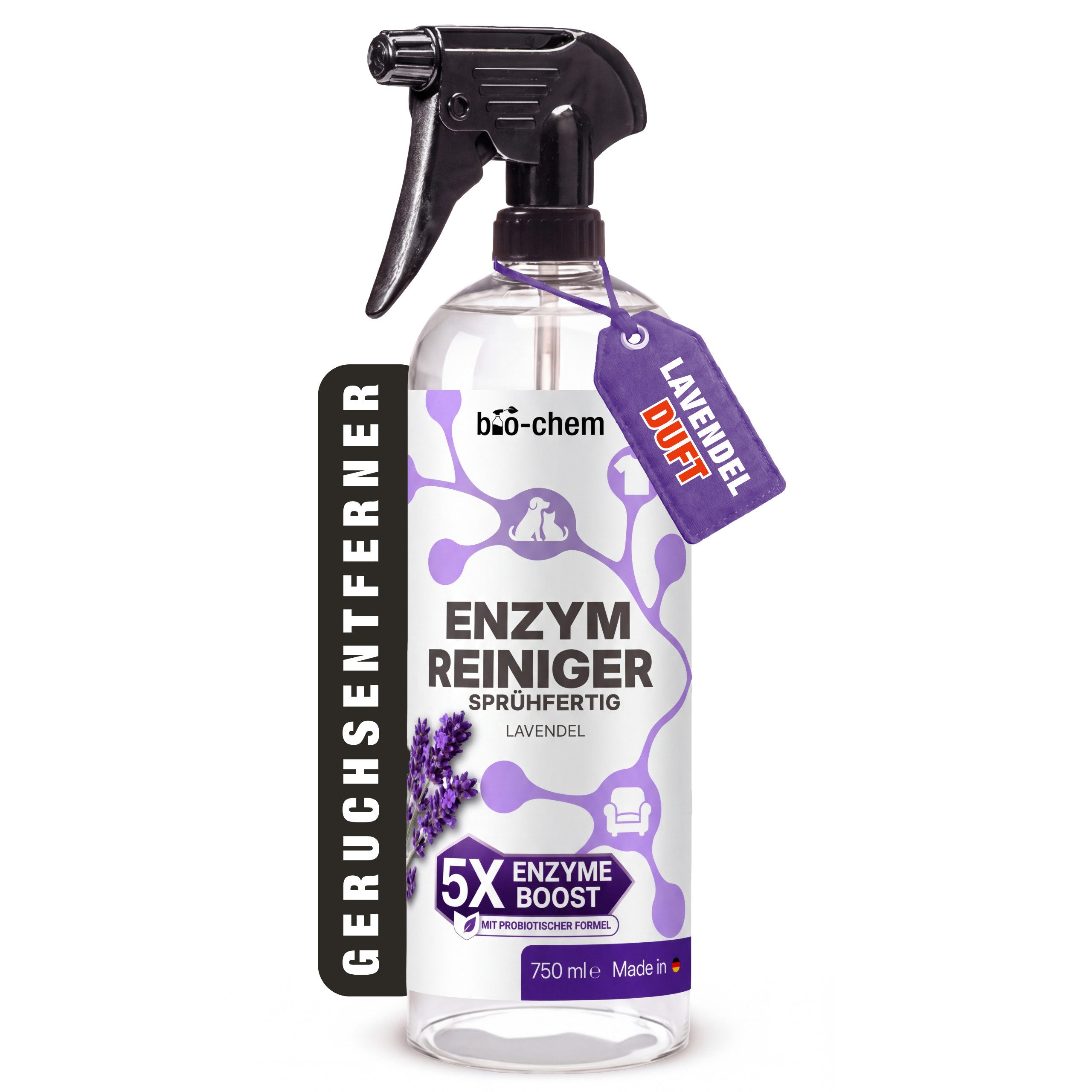 bio-chem Geruchsentferner Enzymreiniger Geruchsentferner STARK 750 ml gegen Tiergerüche, Urin (1x Geruchsentferner Katze 0.75 l Handsprayflasche), Probiotische 5X Enzyme-Boost Formel. Made in Germany.